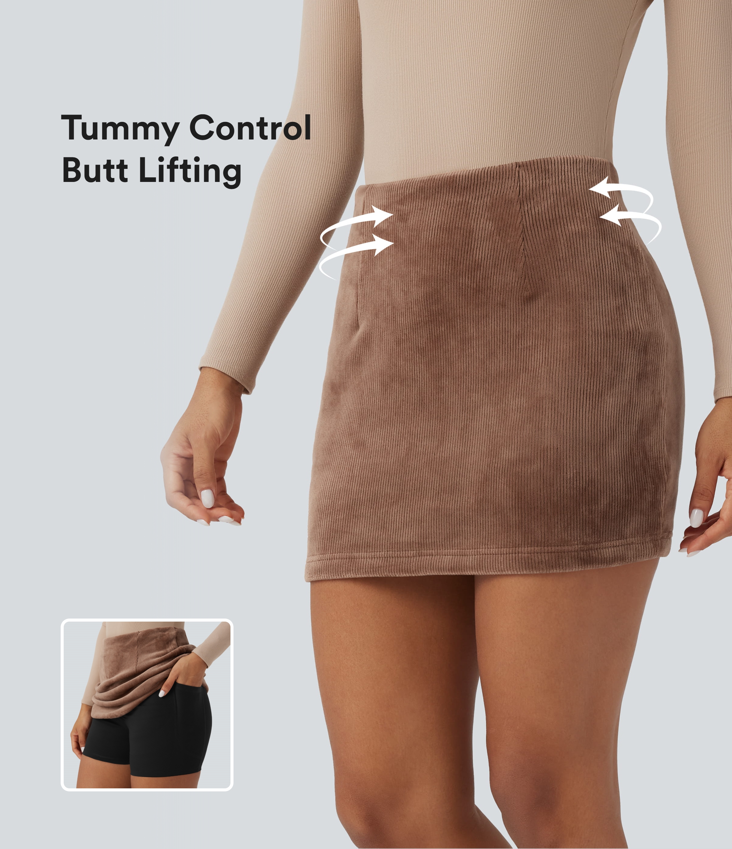 High Waisted Tummy Control Butt Lifting Fleece Corduroy Bodycon Mini Casual Skirt with Pockets