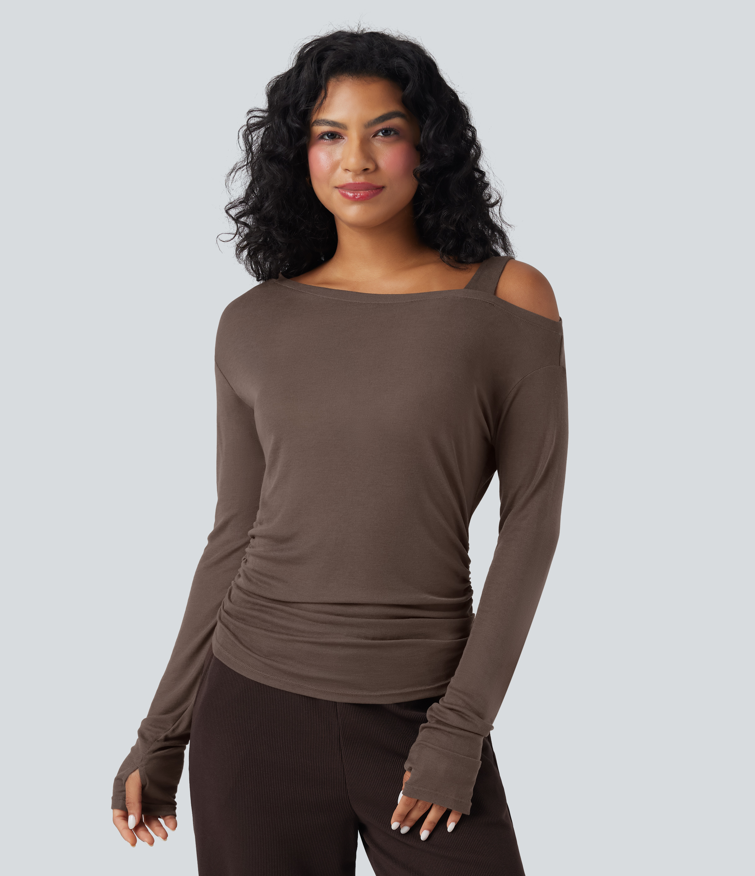 Coffee Quartz One-Shoulder Long Sleeve Asymmetrical Casual Wool-Blend T-Shirt / 2
