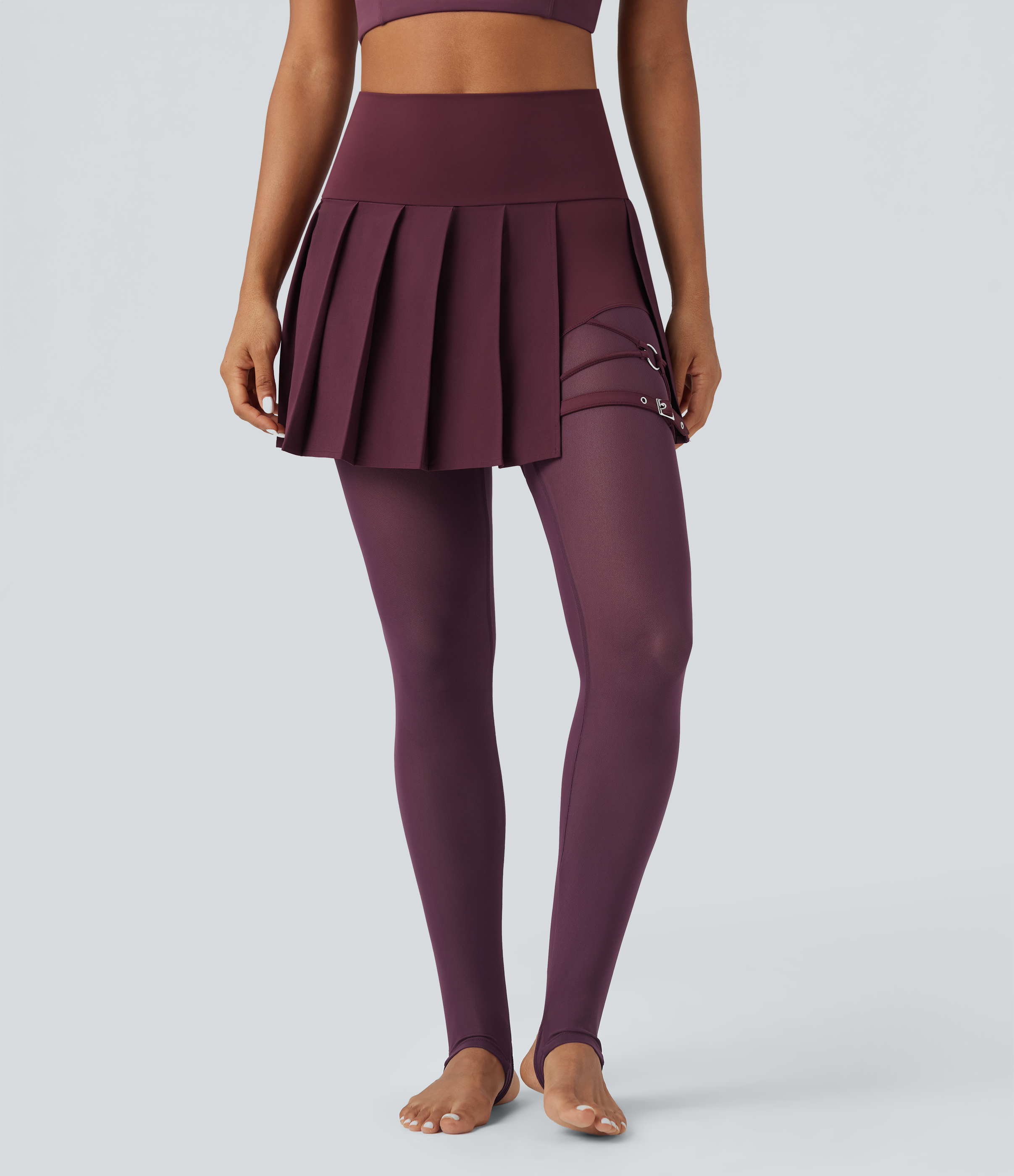 Breezeful™ High Waisted Pleated 2-in-1 Contrast Mesh Quick Dry Dance Stirrup Skirted Leggings with Pockets