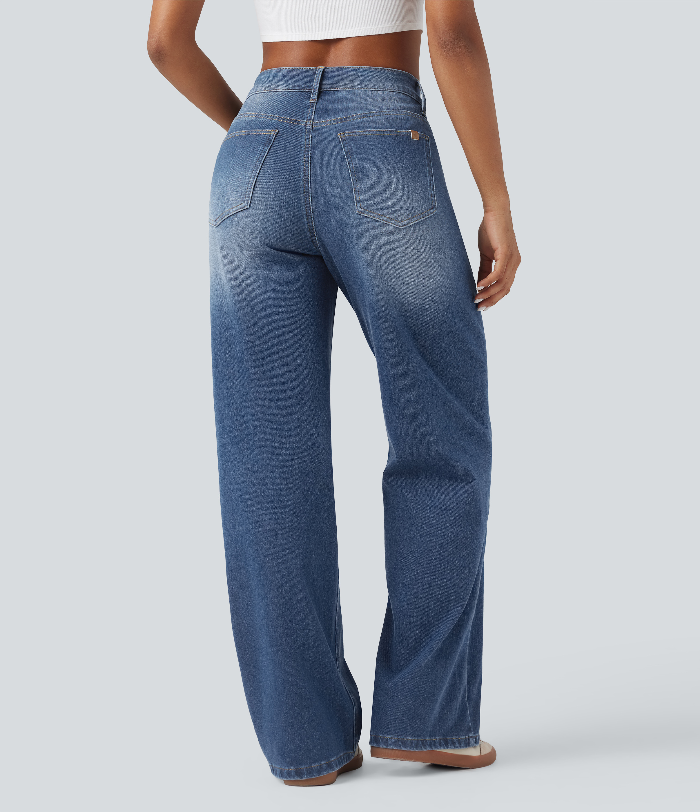 Tide Blue Denim Jean baggy asymétrique Halara Flex™ taille haute effet délavé avec poches / 2