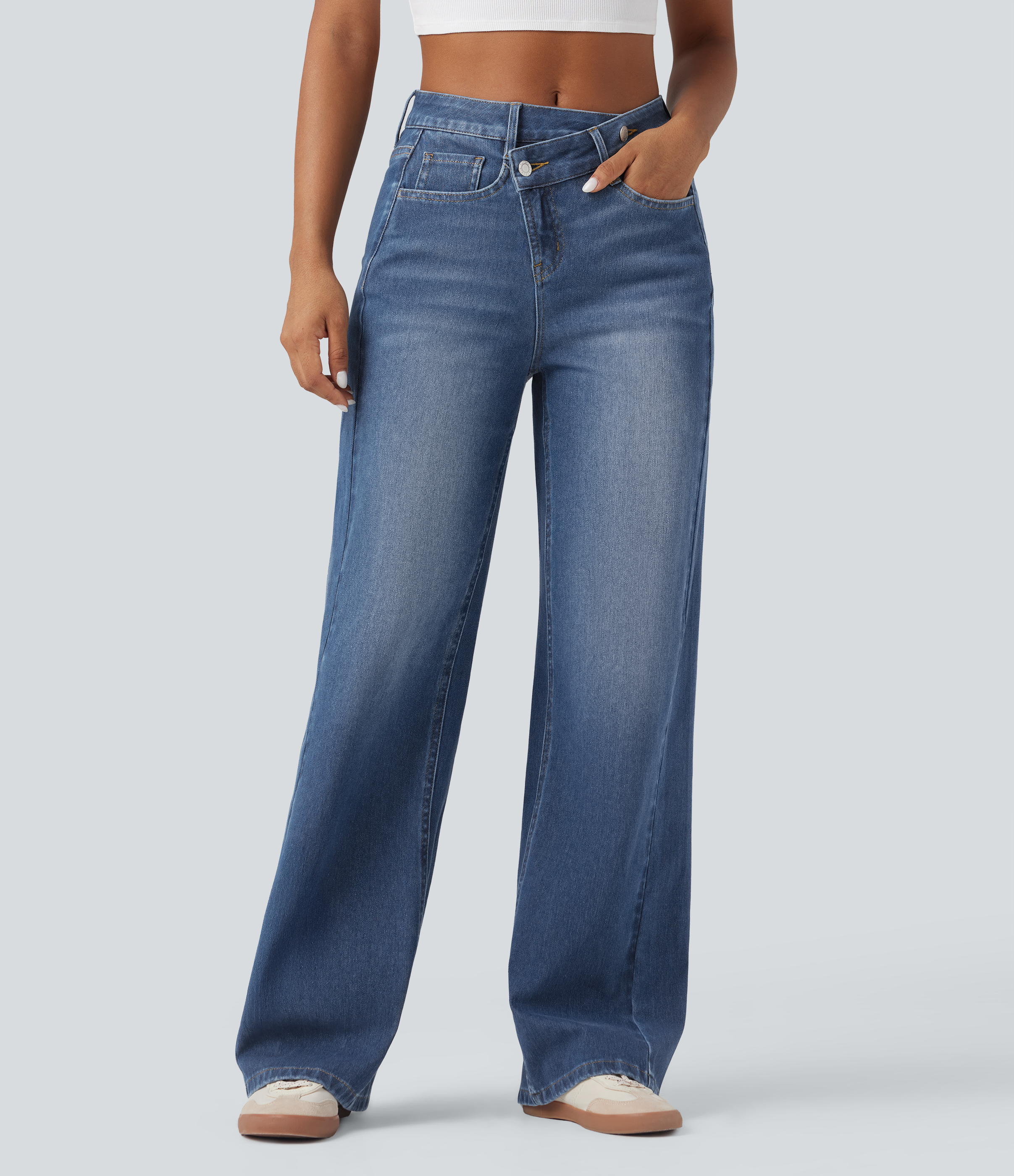 Halara Flex™ Asymmetric High Waisted Washed Casual Baggy Jeans with Pockets