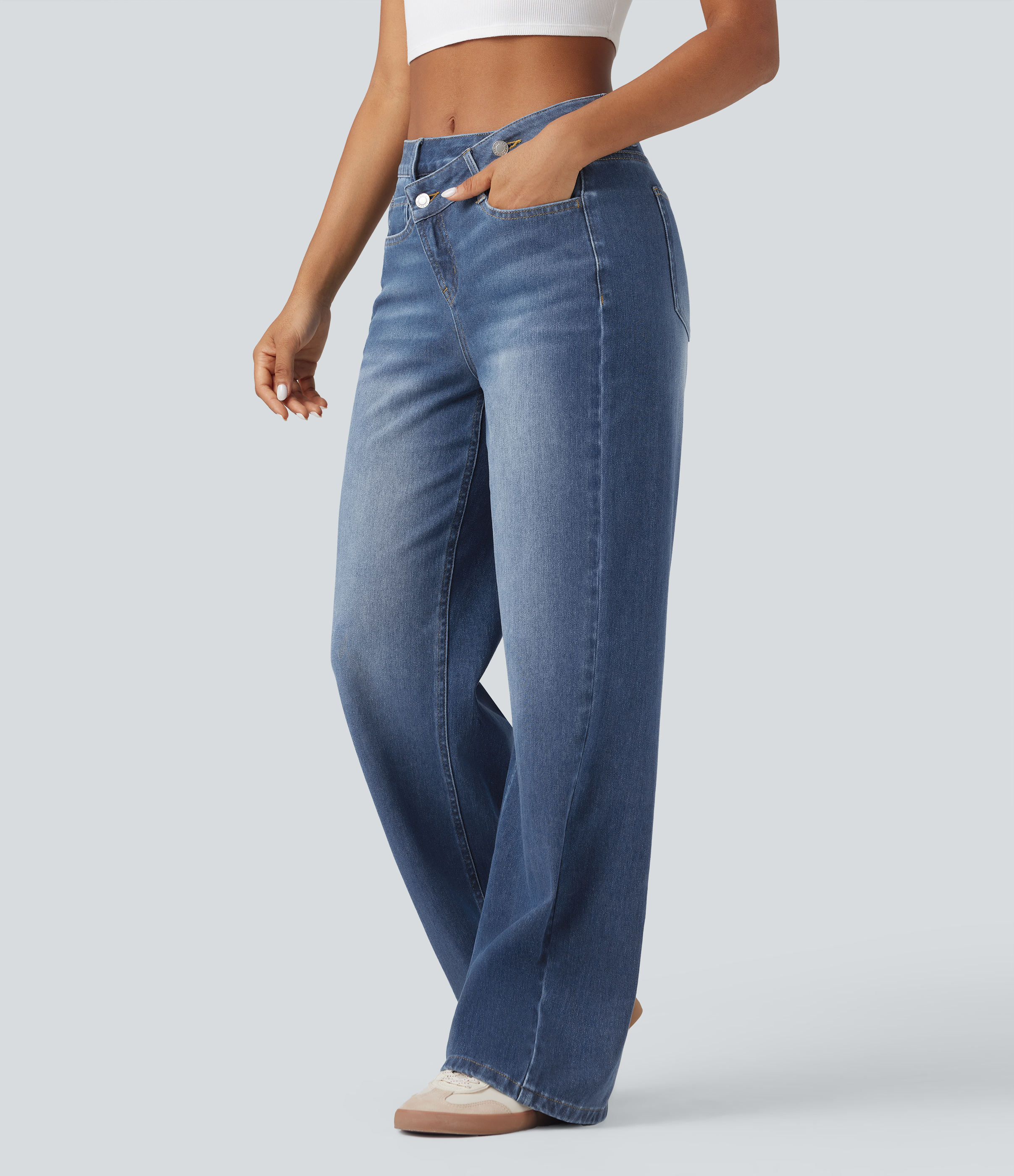 Halara Flex™ Asymmetric High Waisted Washed Casual Baggy Jeans with Pockets