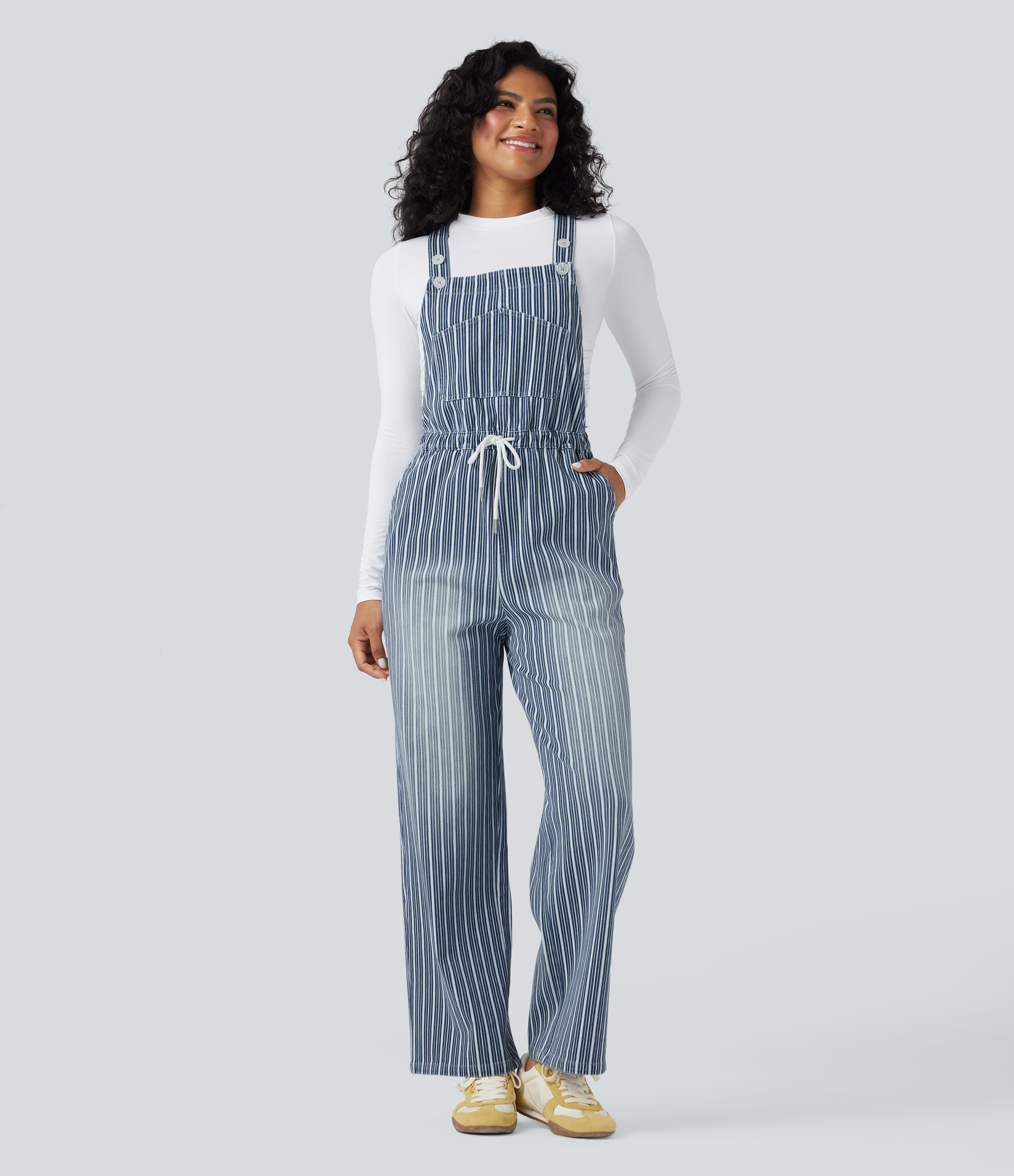 Halara Flex™ Drawstring Stripe Straight Leg Denim Casual Overalls with Pockets