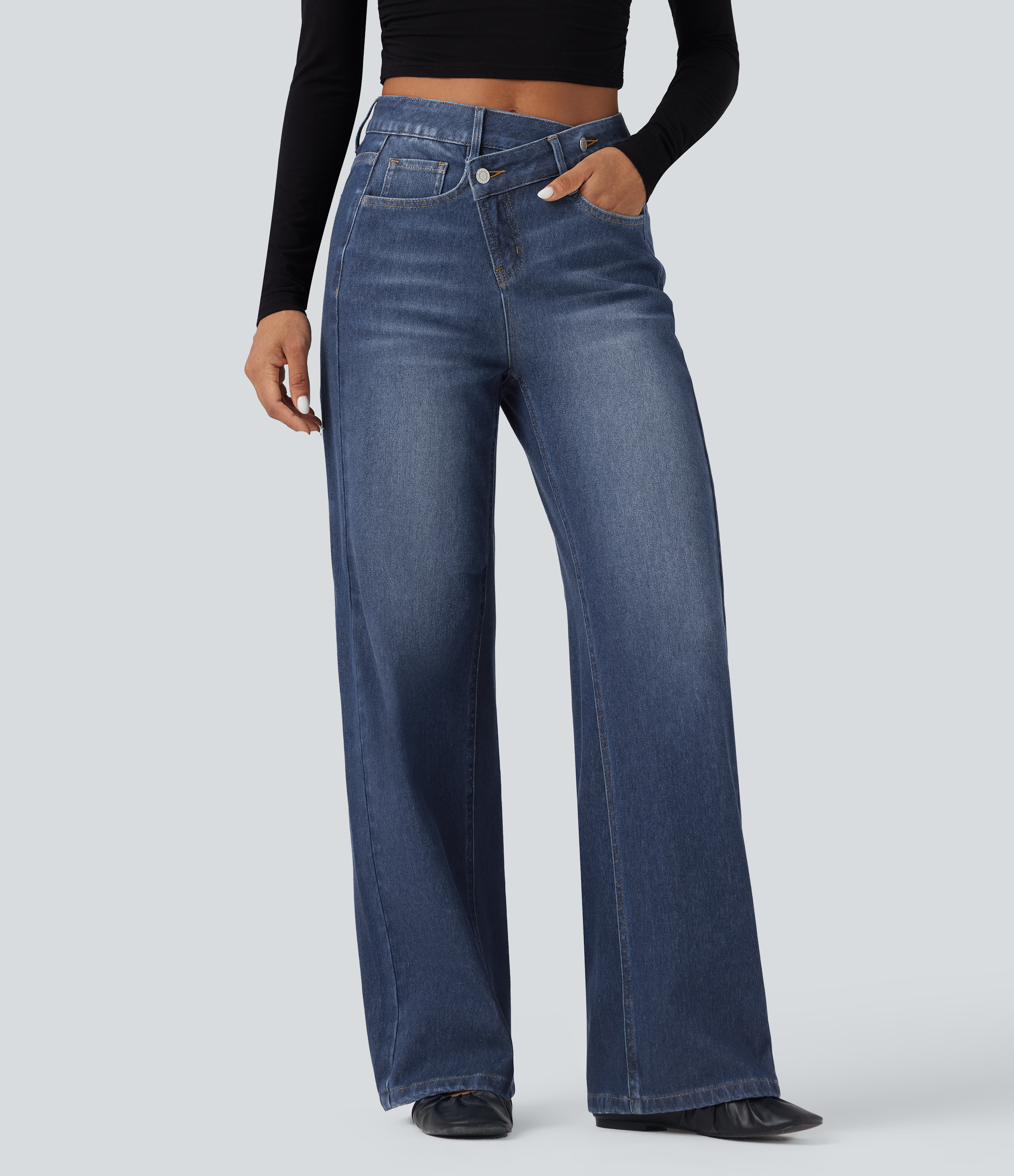 Halara Flex™ Asymmetric High Waisted Washed Casual Baggy Jeans with Pockets — Estate Blue Denim by Halara