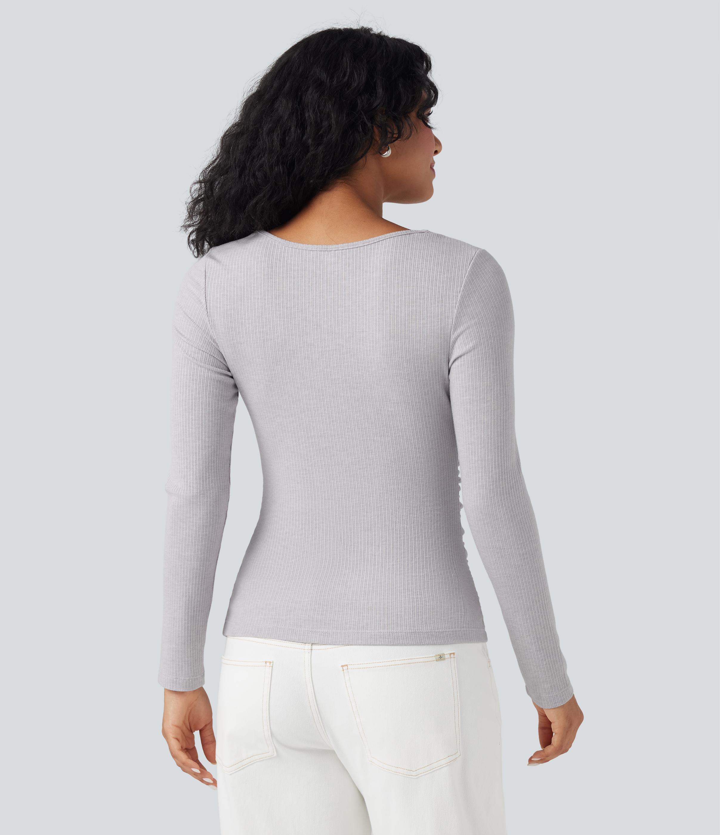 Lilac Cream Ribbed Knit Cowl Neck Long Sleeve Ruched Casual Top / 2