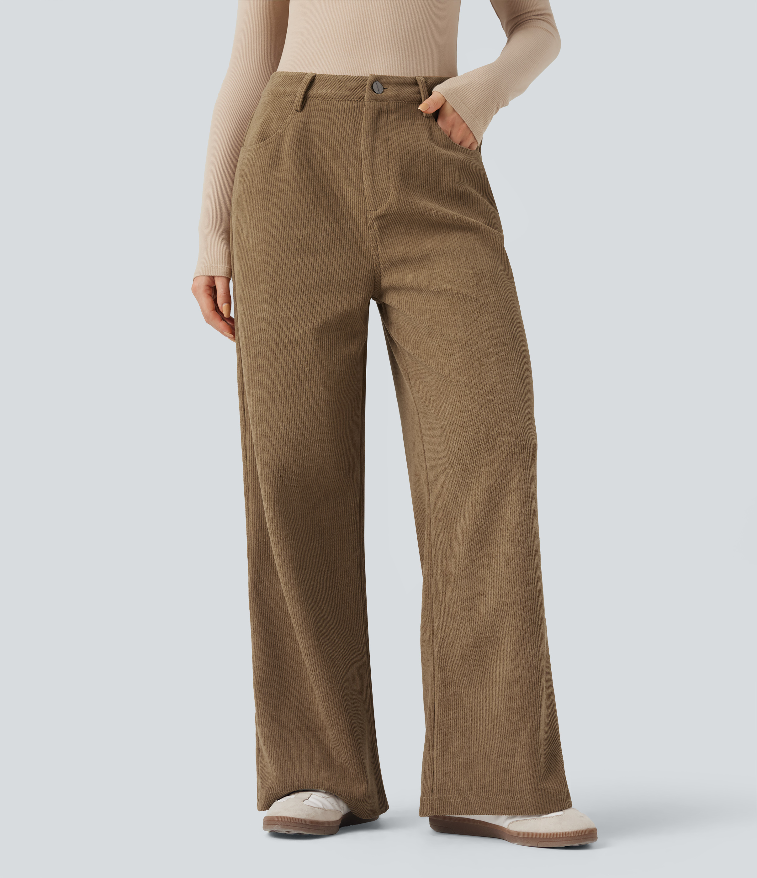 High Waisted Corduroy Casual Baggy Trousers with Pockets