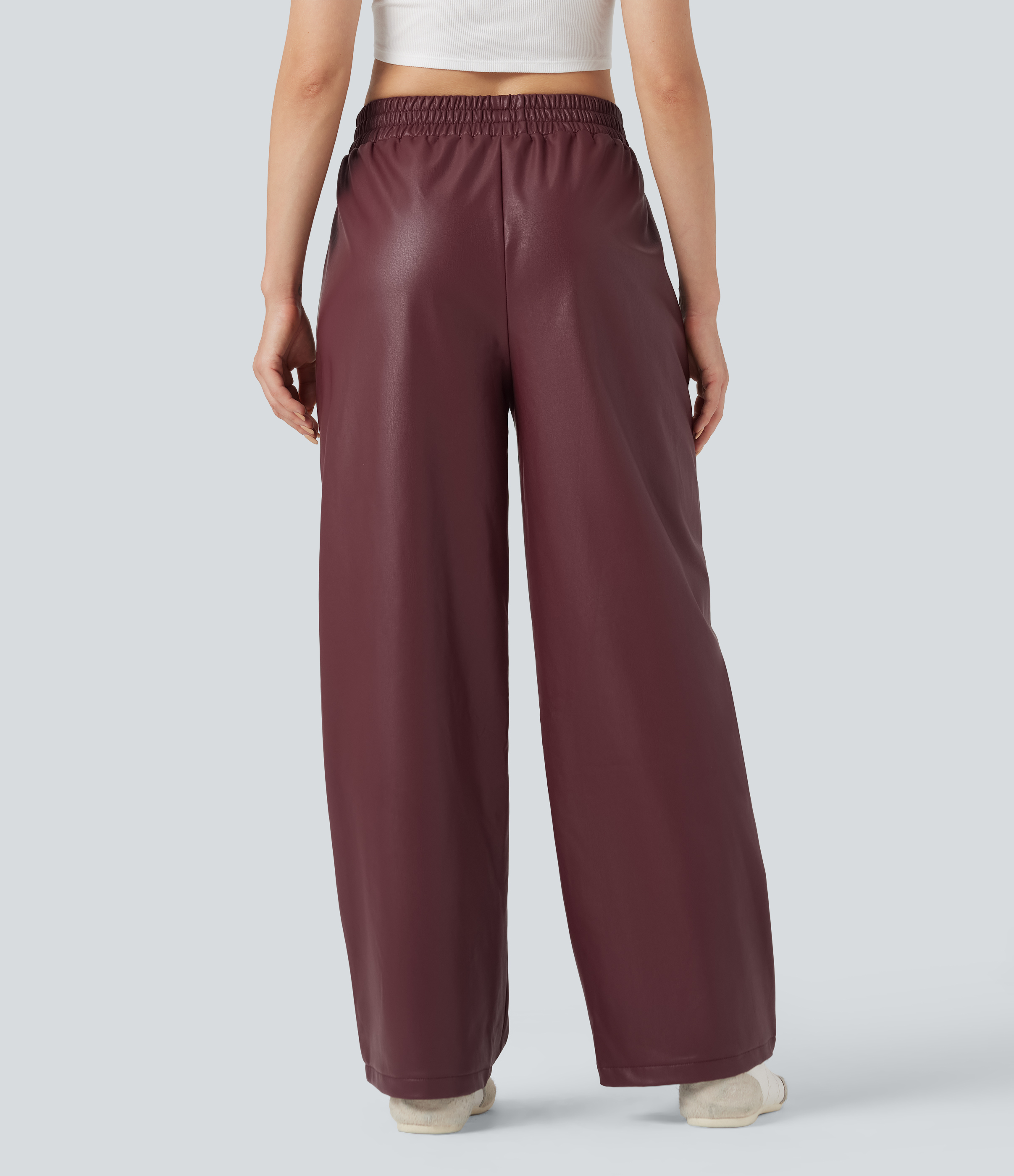 Red Mahogany Pantalones casuales de cuero sintético con tiro alto y pierna recta con bolsillos / 2