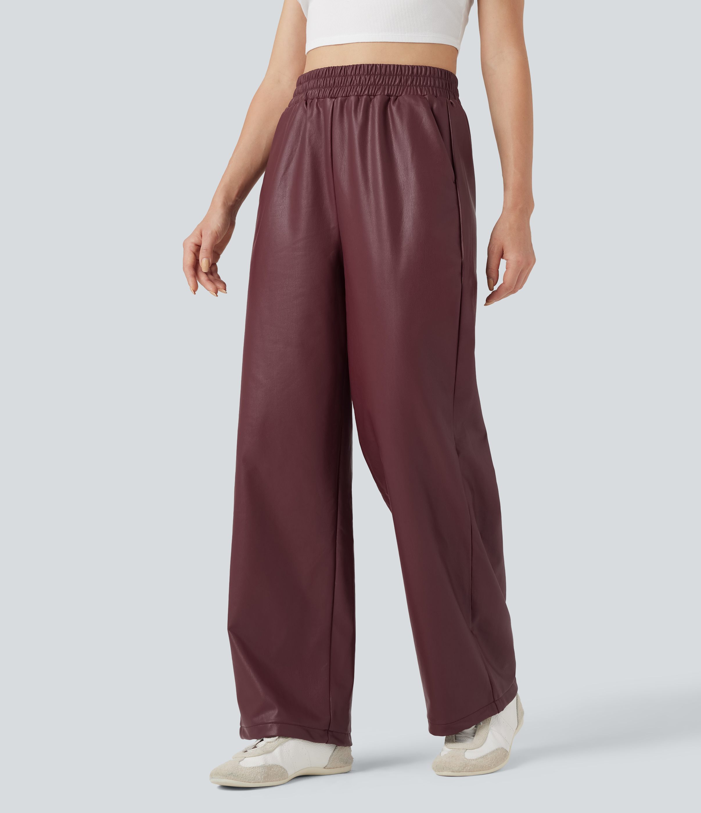 High Waisted Straight Leg Casual PU Faux Leather Trousers with Pockets