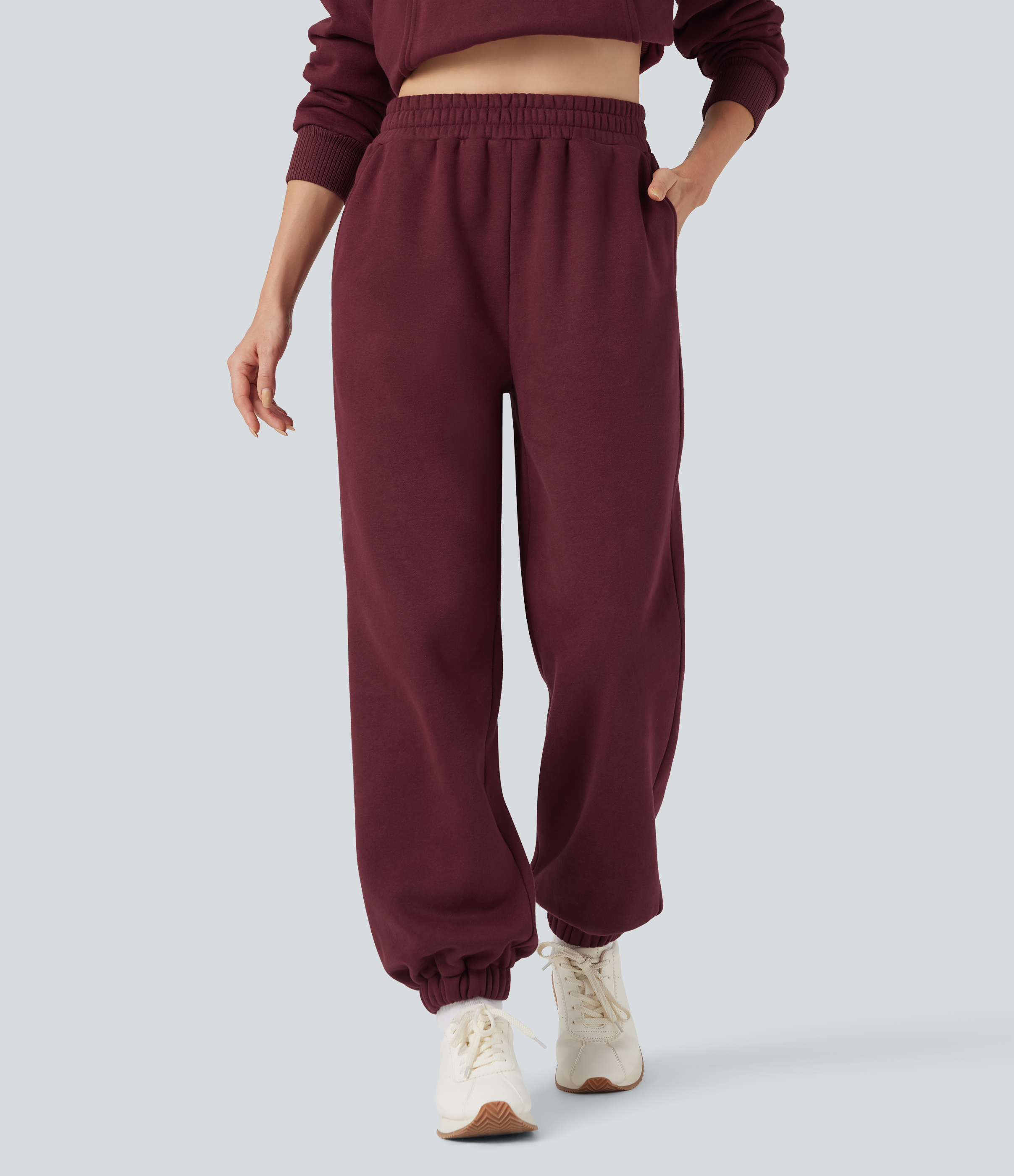 Chocolate Truffle Joggers décontractés en molleton, taille haute rabattable, cordon de serrage et poches / 2