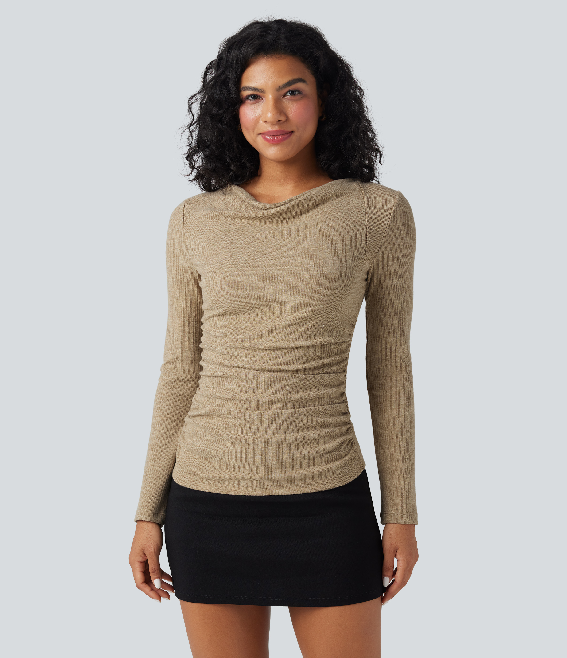 Ribbed Knit Cowl Neck Long Sleeve Ruched Casual Top