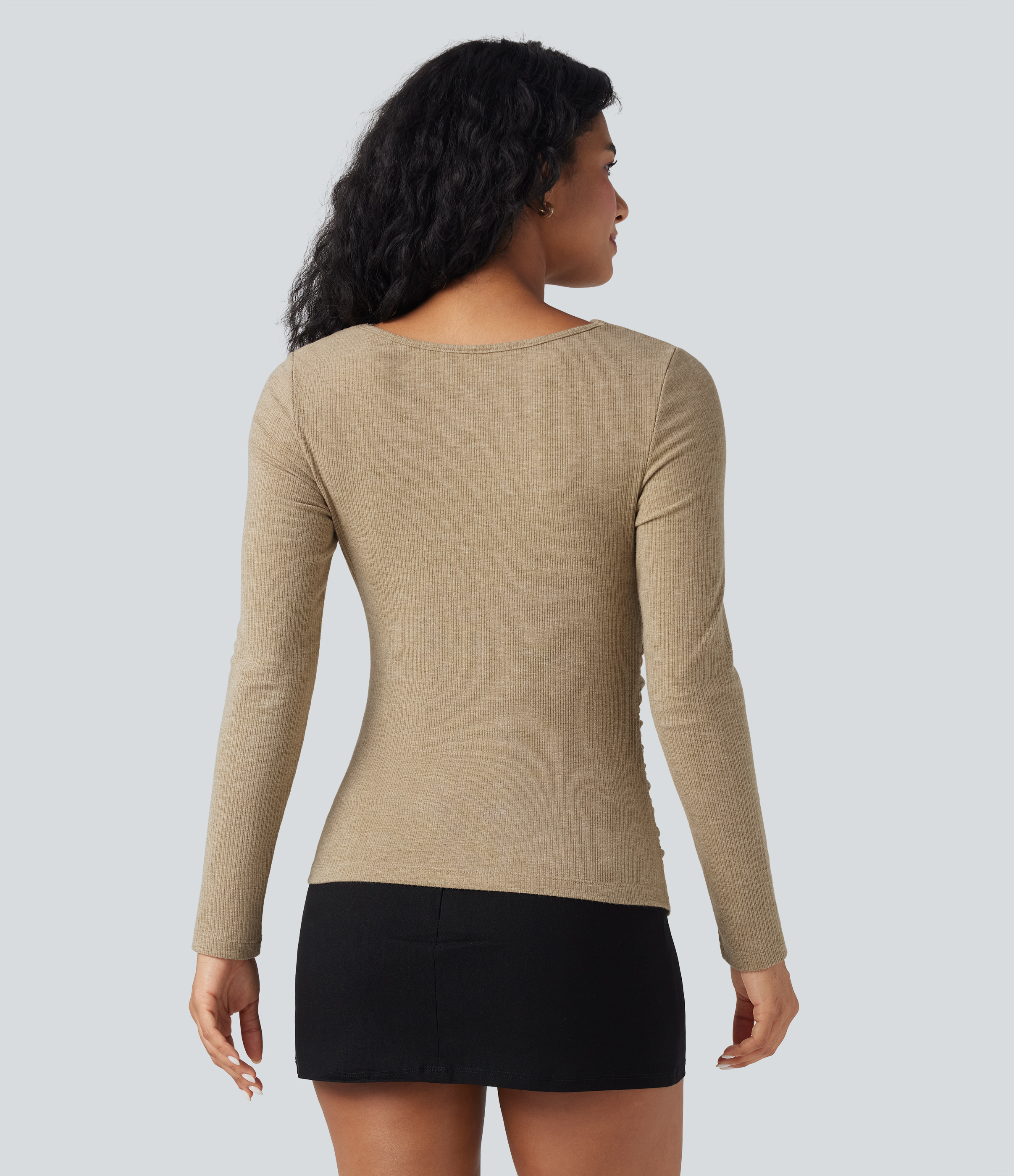 Cornstalk Ribbed Knit Cowl Neck Long Sleeve Ruched Casual Top / 2