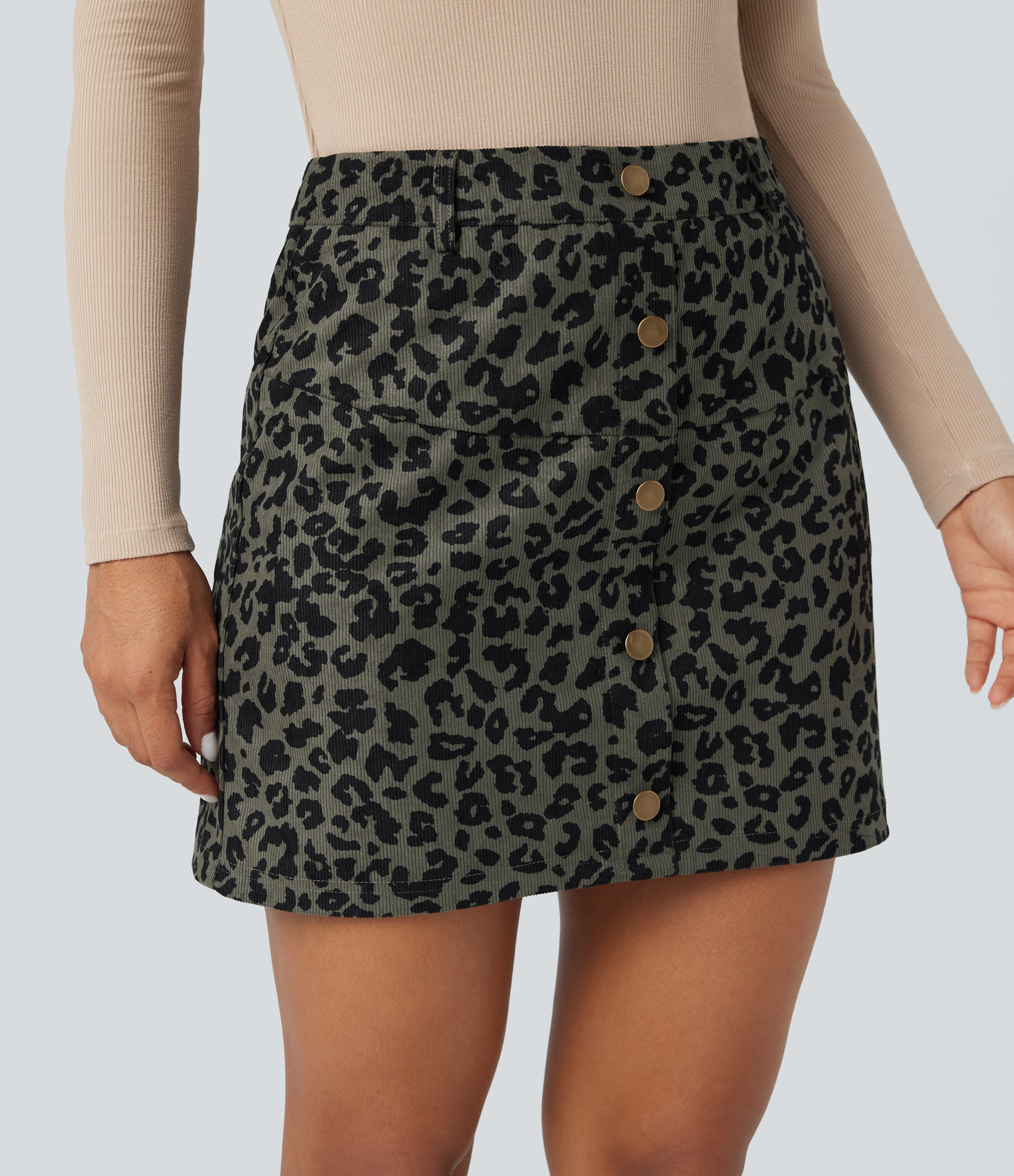 High Waisted 2-in-1 Leopard Print Mini Casual Skirt with Pocket