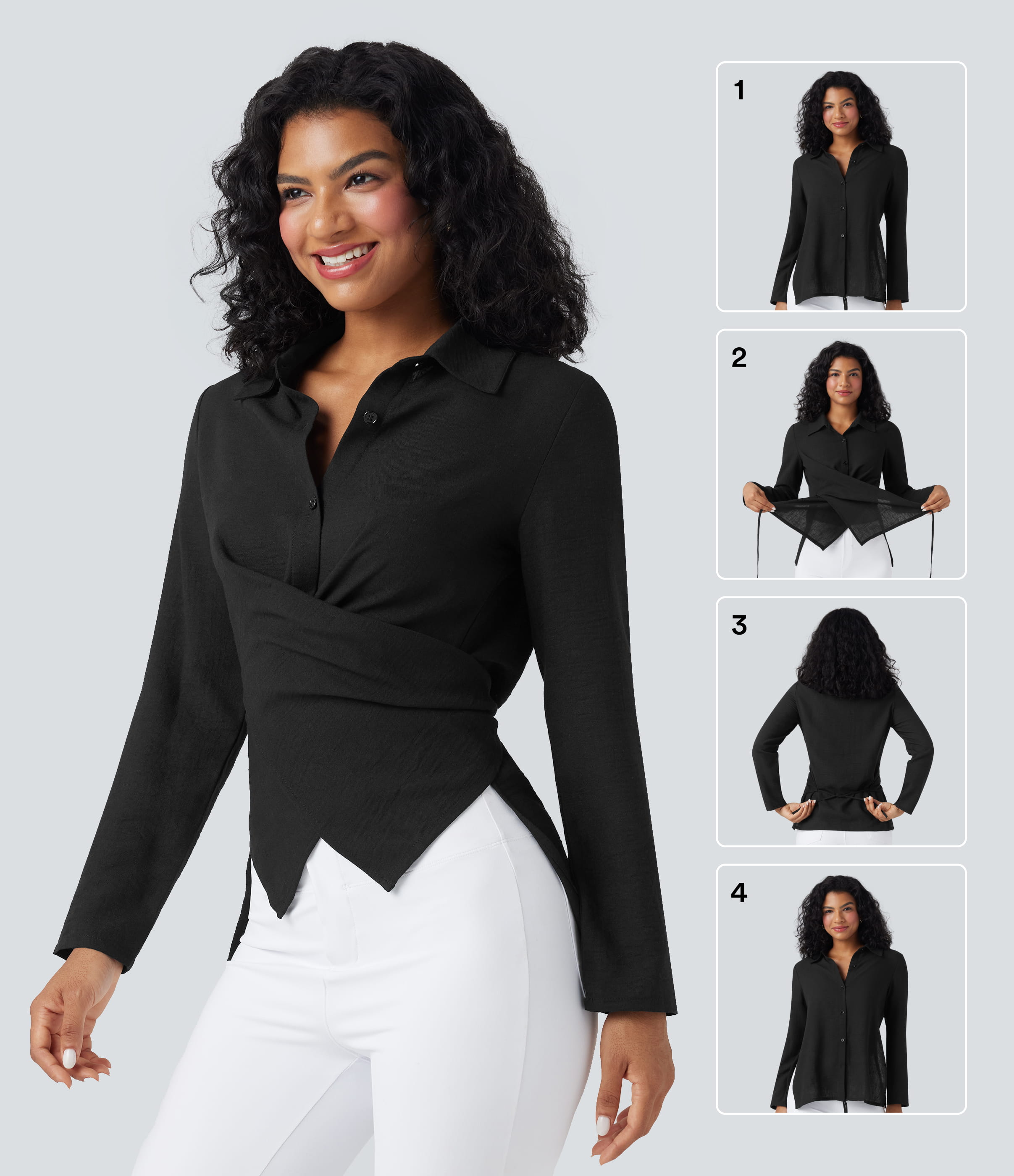 Black Long Sleeve Wrapped Tie Back Work Shirt / 1