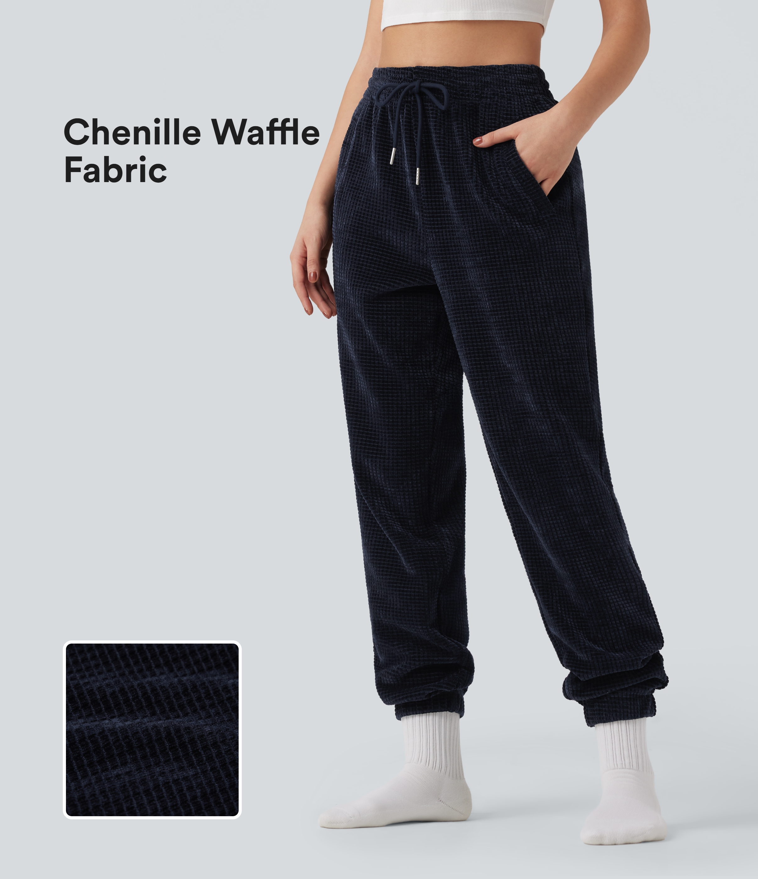 High Waisted Drawstring Chenille Waffle Casual Joggers with Pockets
