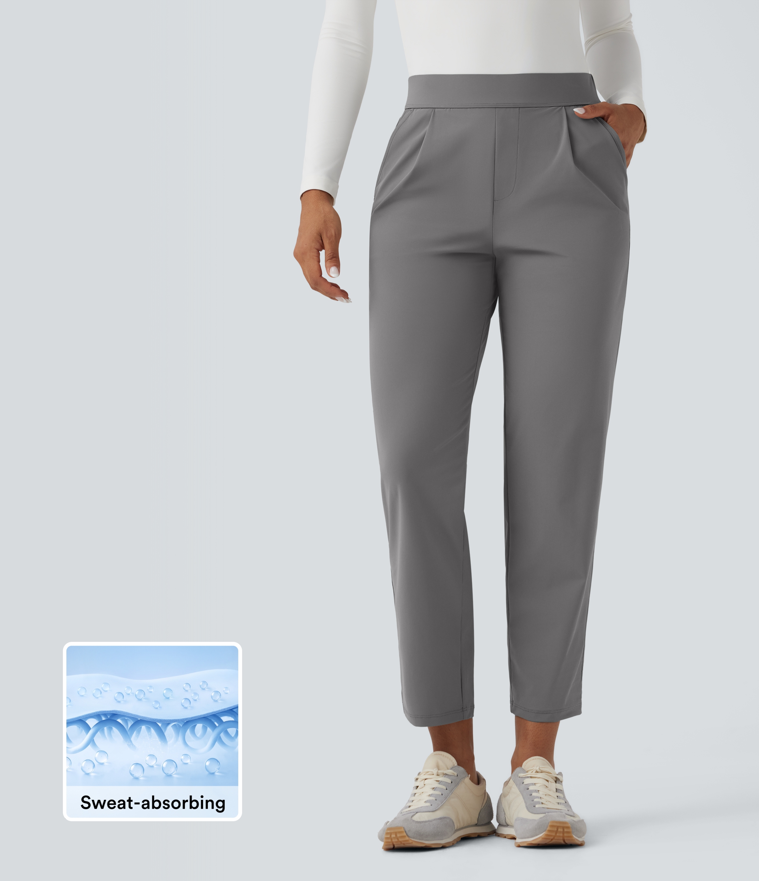 Steel Gray High Waisted Quick Dry Travel Tapered Pants with Pockets / 1