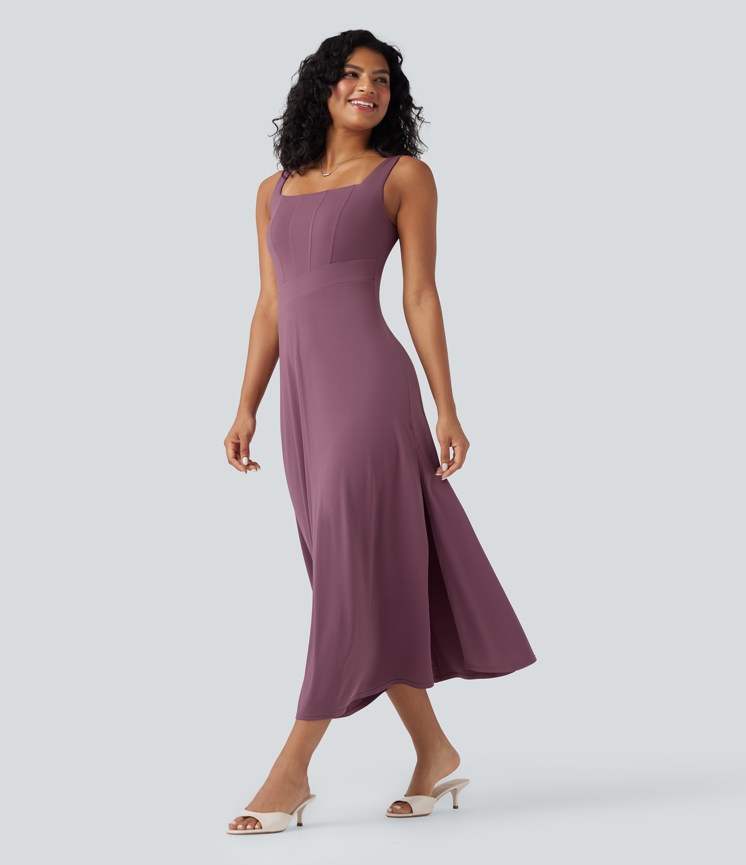 Tulipwood Square Neck Sleeveless Scoop Back Split Midi Dress / 1