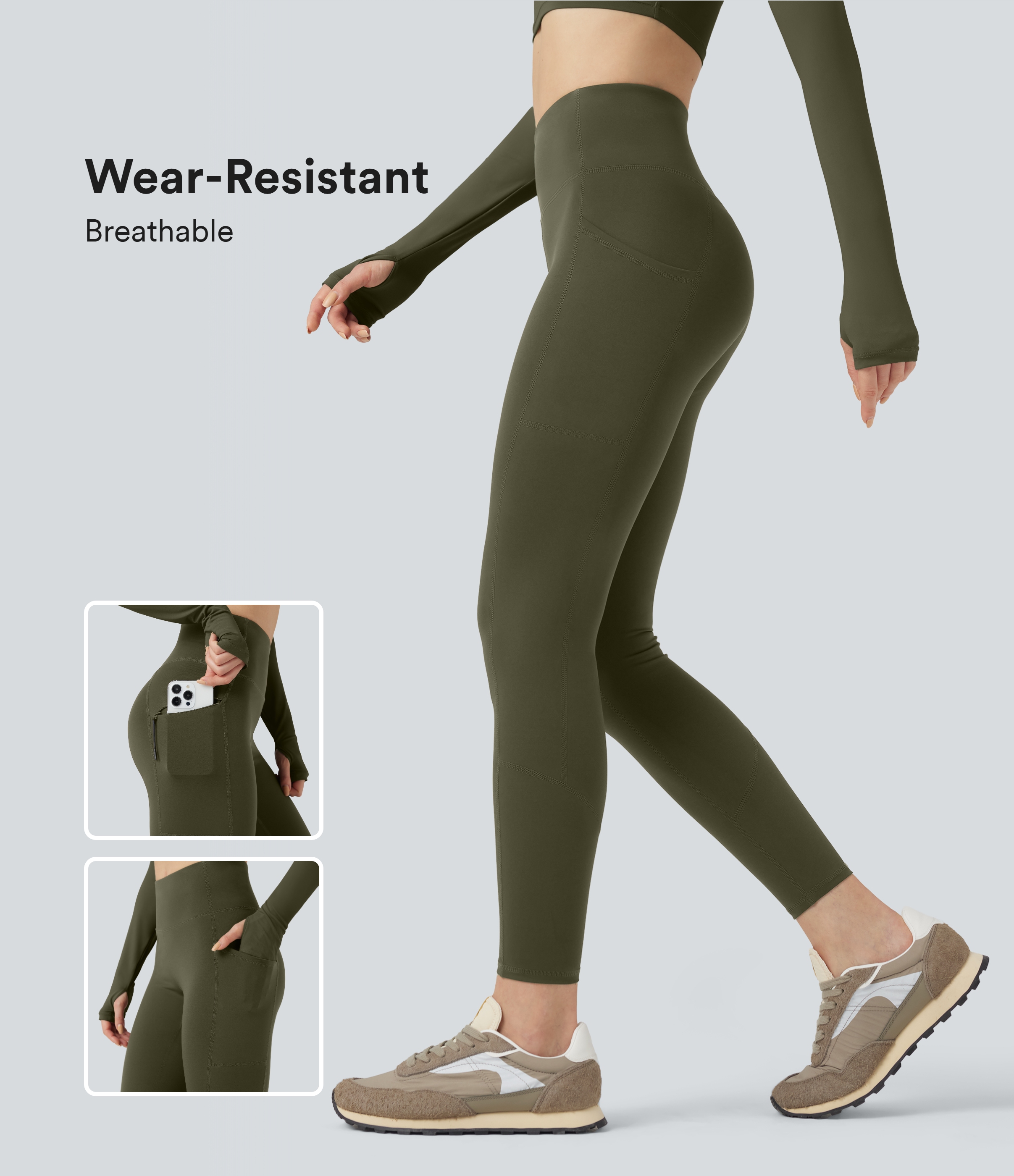 Twilight Green Leggings de senderismo de tiro alto 7/8 resistentes al desgaste con bolsillos / 1