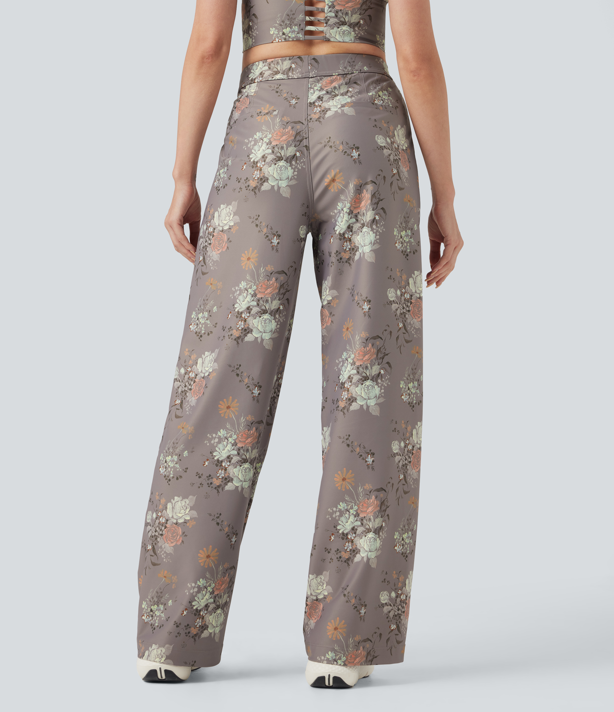 Floral Taupe Halara X Yukiko High Waisted Straight Leg Floral Print Casual Trousers with Pockets / 2