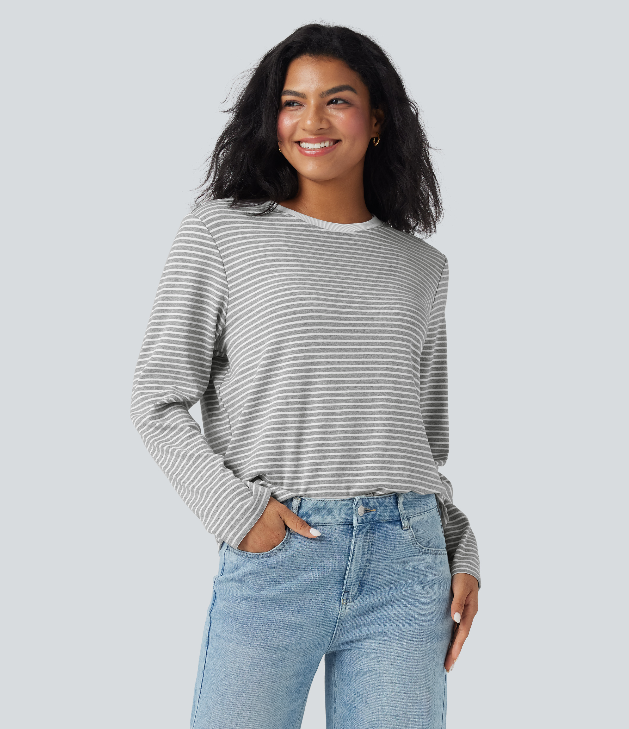 Mist Grey Stripe Round Neck Long Sleeve Stripes Relaxed Casual Top / 2