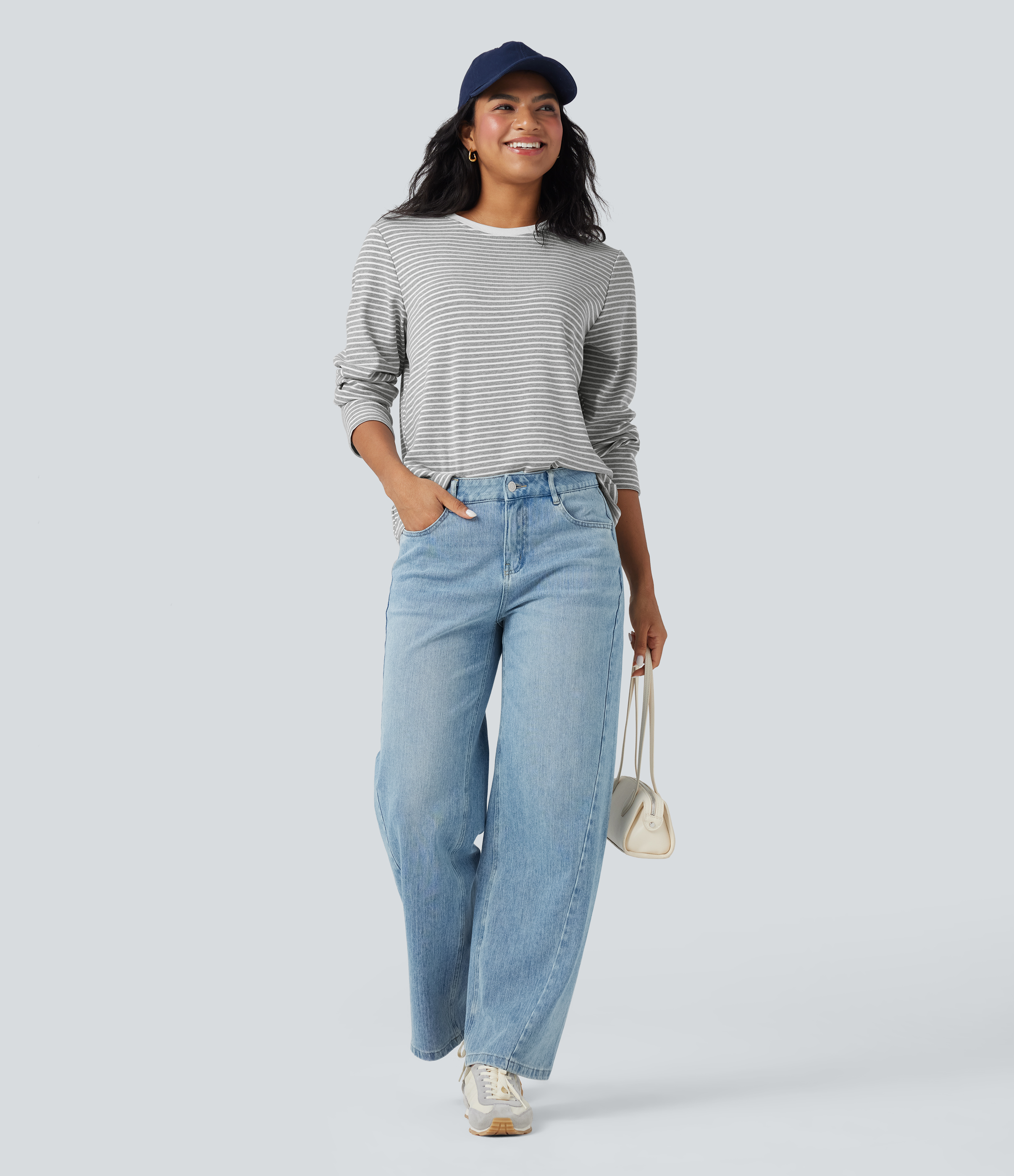 Mist Grey Stripe Round Neck Long Sleeve Stripes Relaxed Casual Top / 1