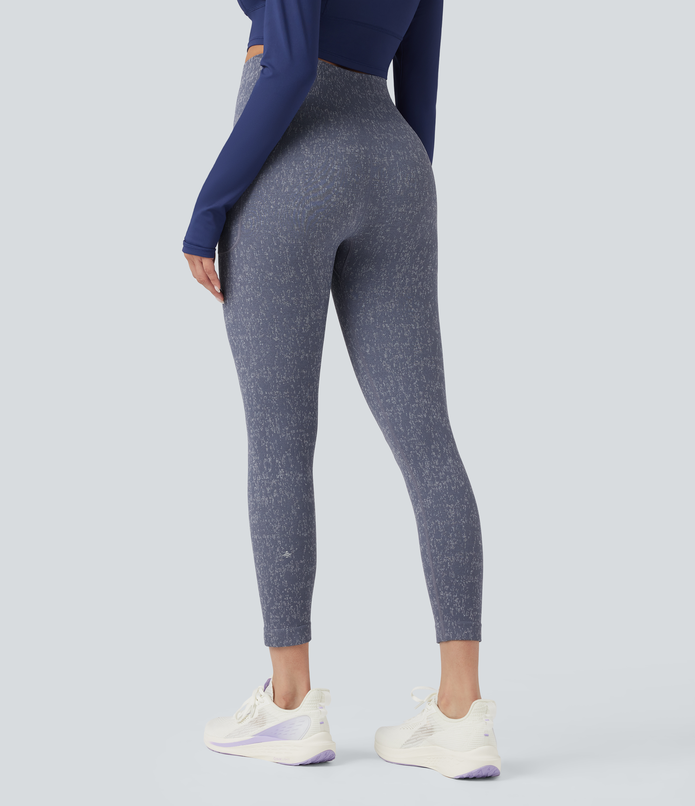 Gray Blue Leggings de yoga de tiro alto fluidos sin costuras con diseño moteado de 7/8 y bolsillos / 2