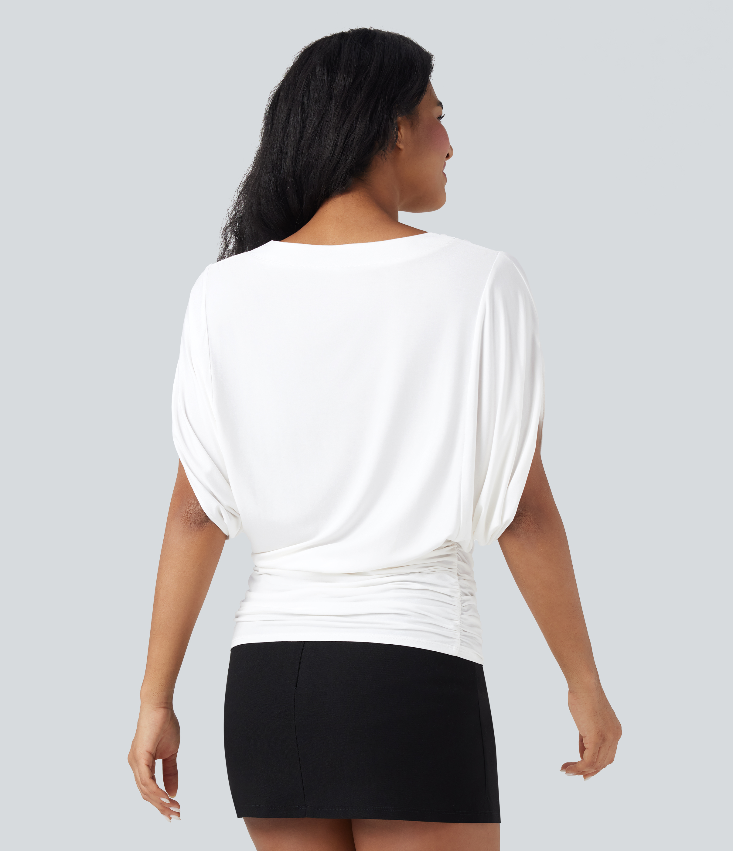 Jasmine White Top casual fruncido con mangas murciélago y escote en V profundo / 2