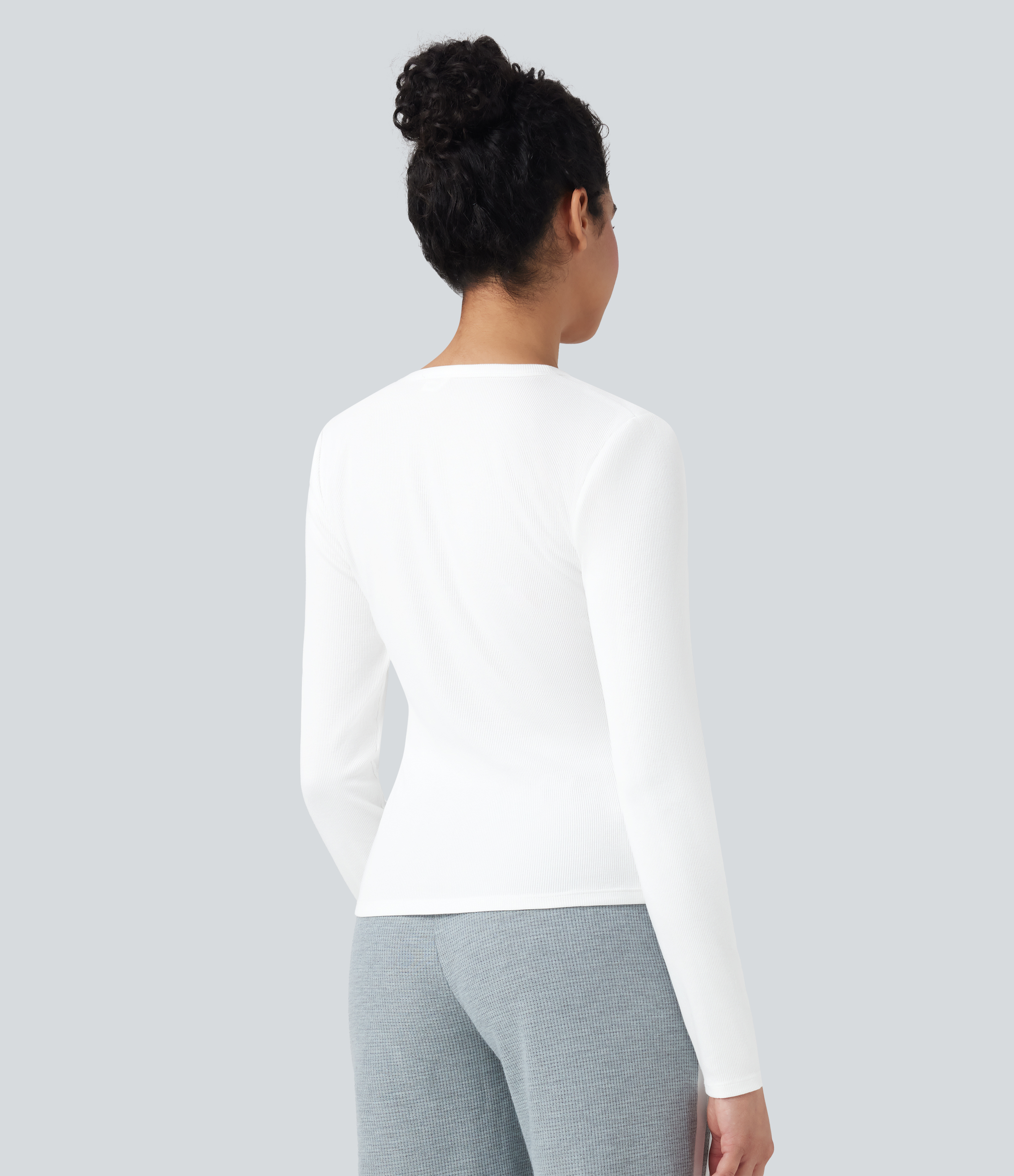 Blanco Top casual de manga larga con cuello redondo y punto acanalado / 2