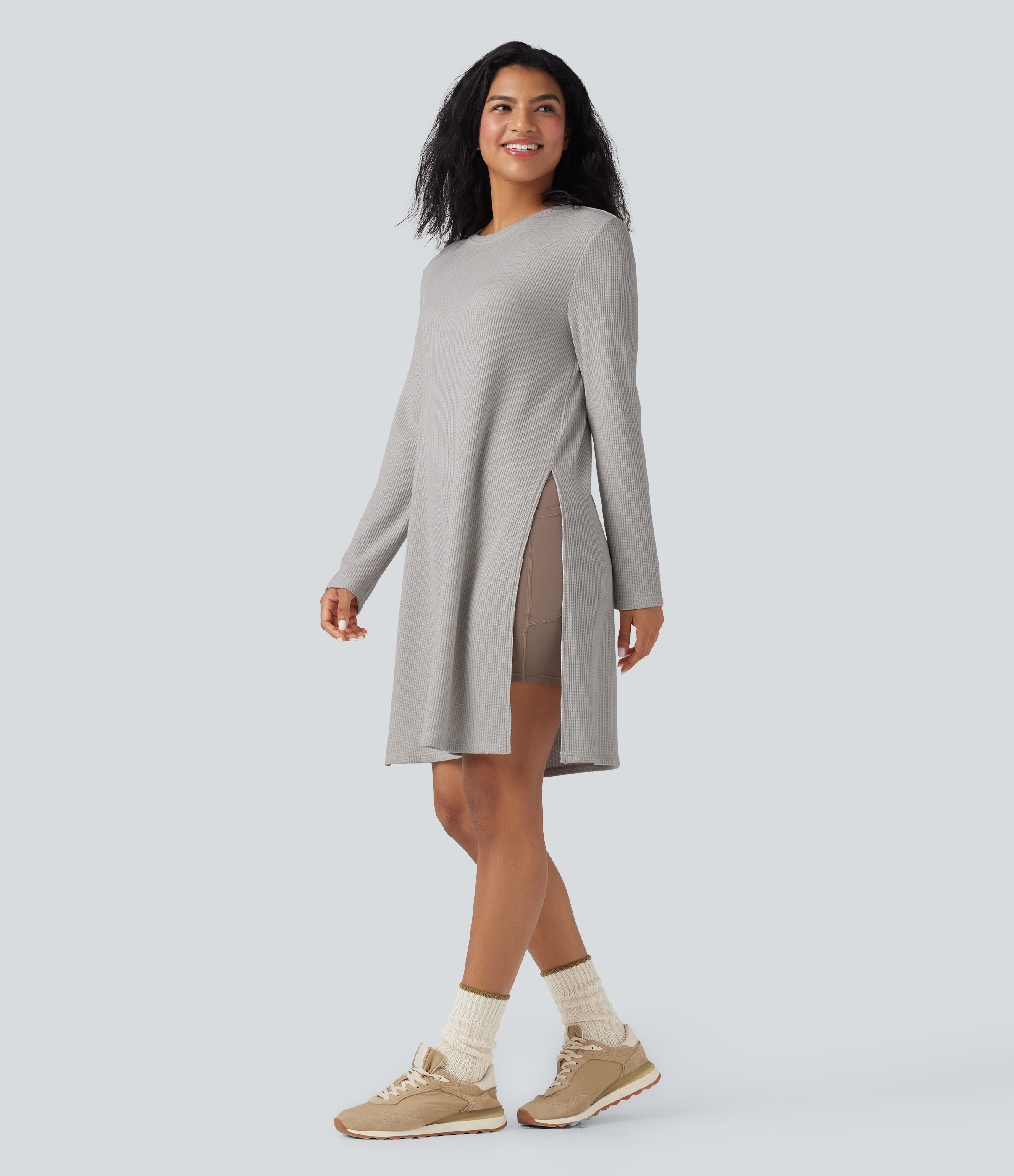 Round Neck Long Sleeve Longline Waffle Knit Casual Sweatshirt