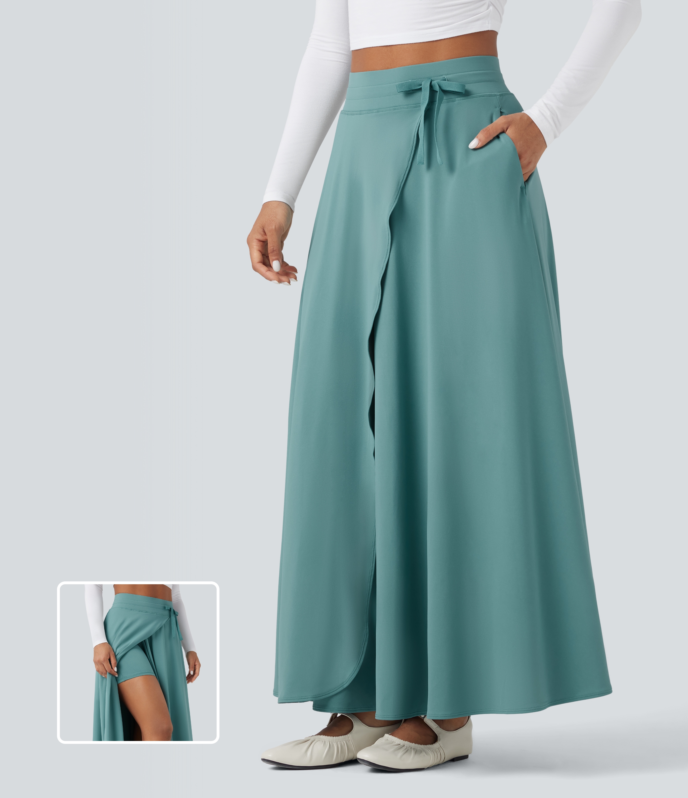 High Waisted Drawstring 2-in-1 Flowy Flare Maxi Casual Skirt with Pockets
