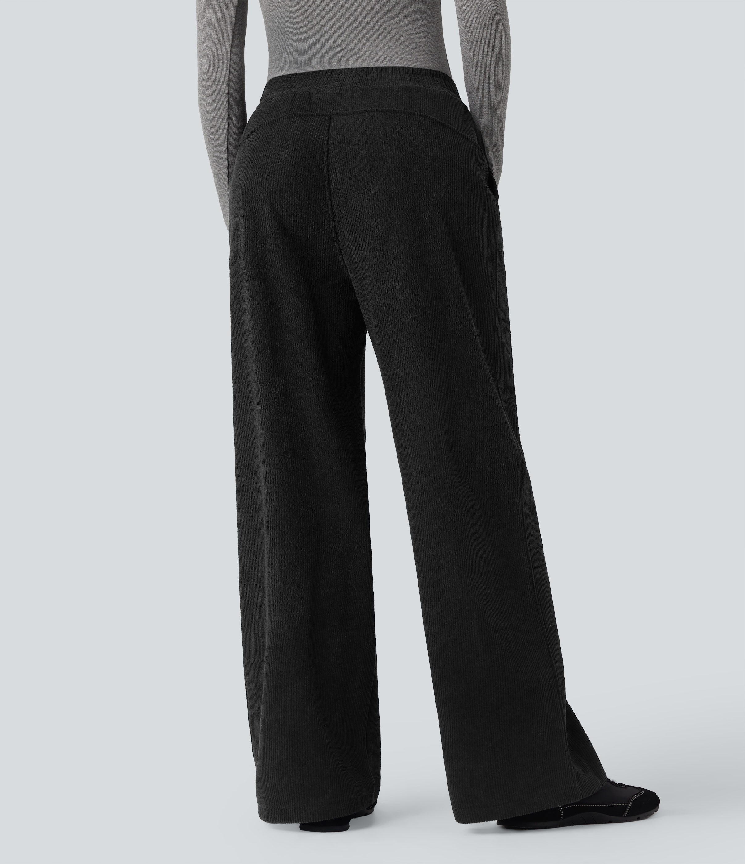 Negro Pantalones casuales rectos de pana polar con tiro alto y bolsillos / 2
