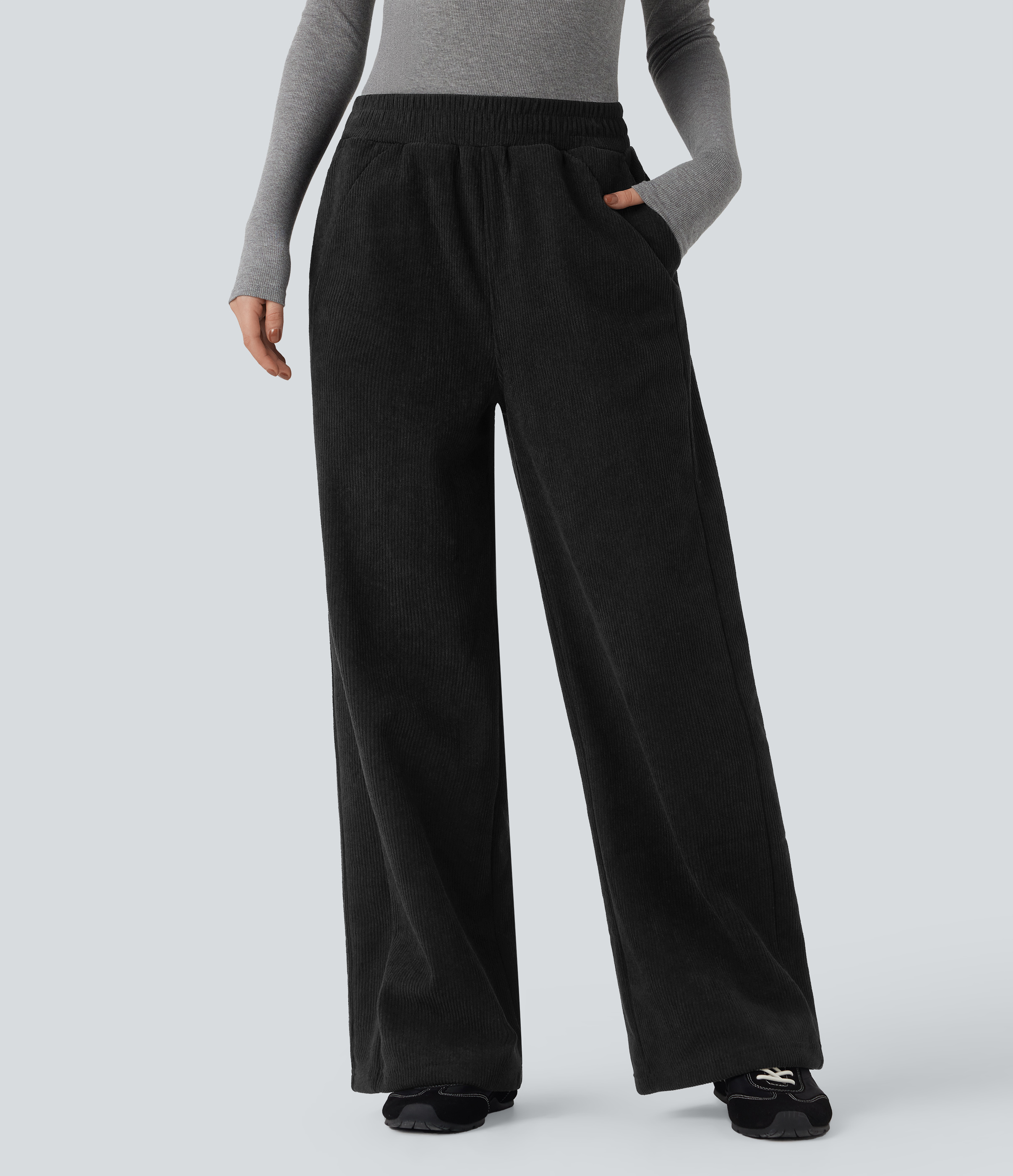 High Waisted Straight Leg Fleece Corduroy Casual Pants with Pockets