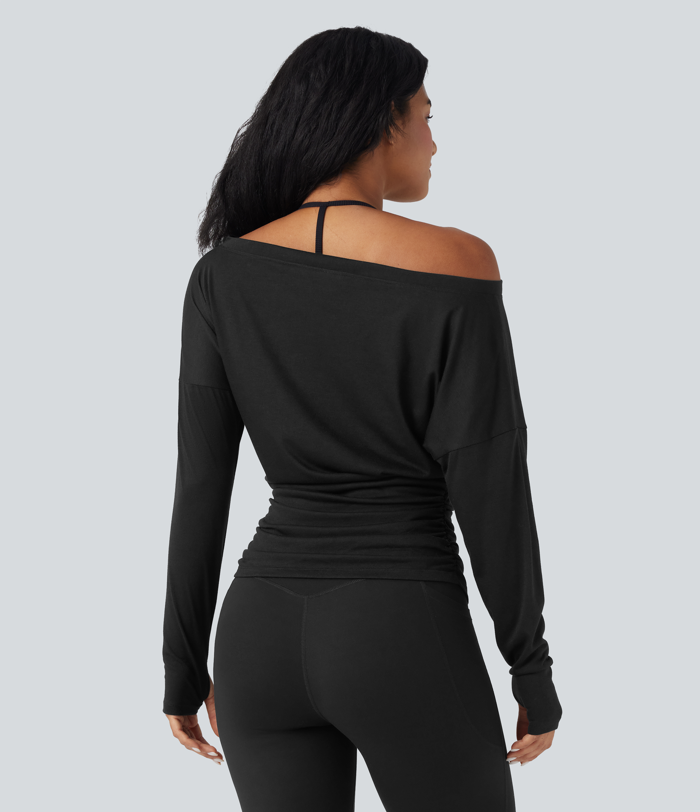 Black One Shoulder Long Sleeve Thumb Hole Ruched Yoga Sports Top / 2