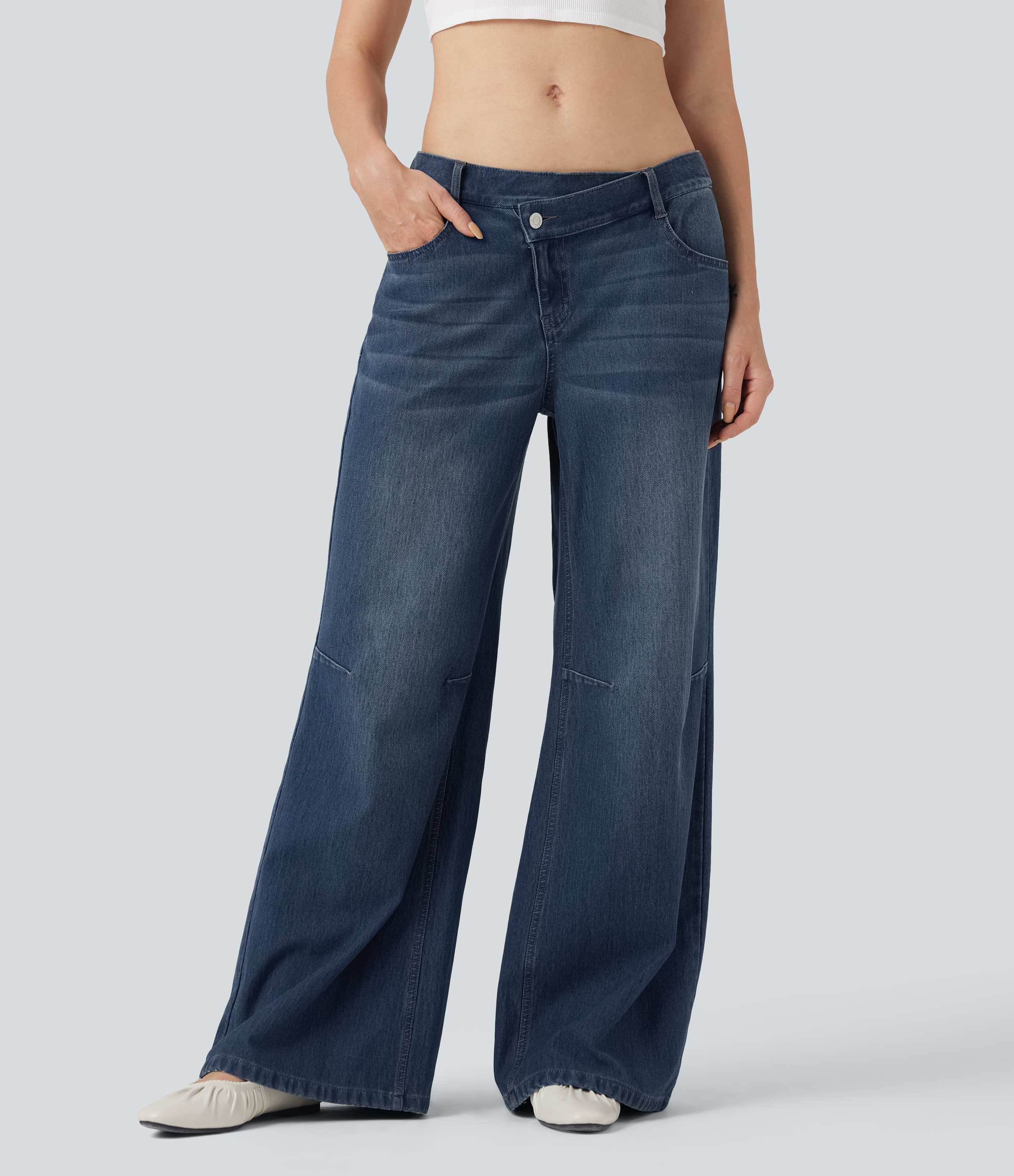 Halara Flex™ Low Rise Asymmetric Waist Casual Baggy Jeans with Pockets