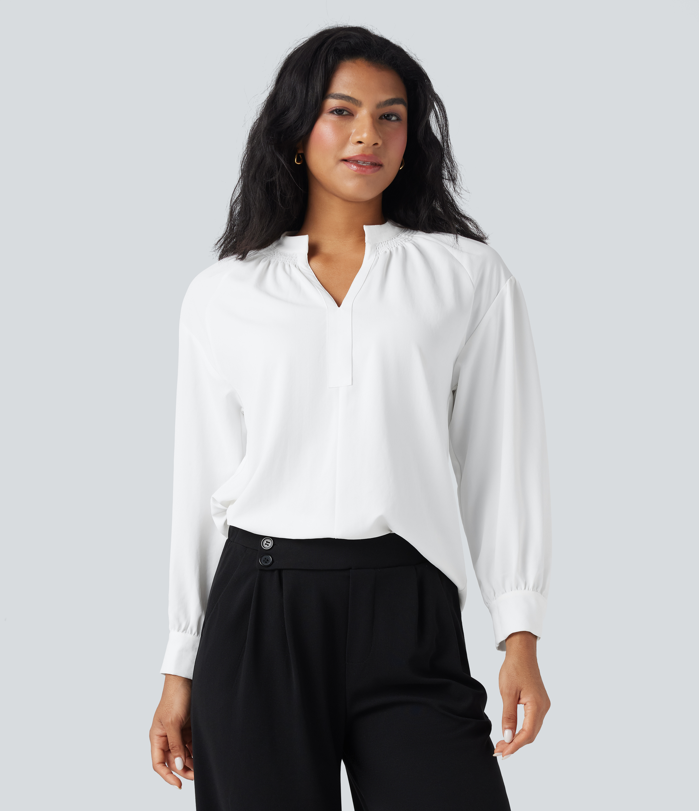 Camisa de oficina de manga larga con cuello en V
