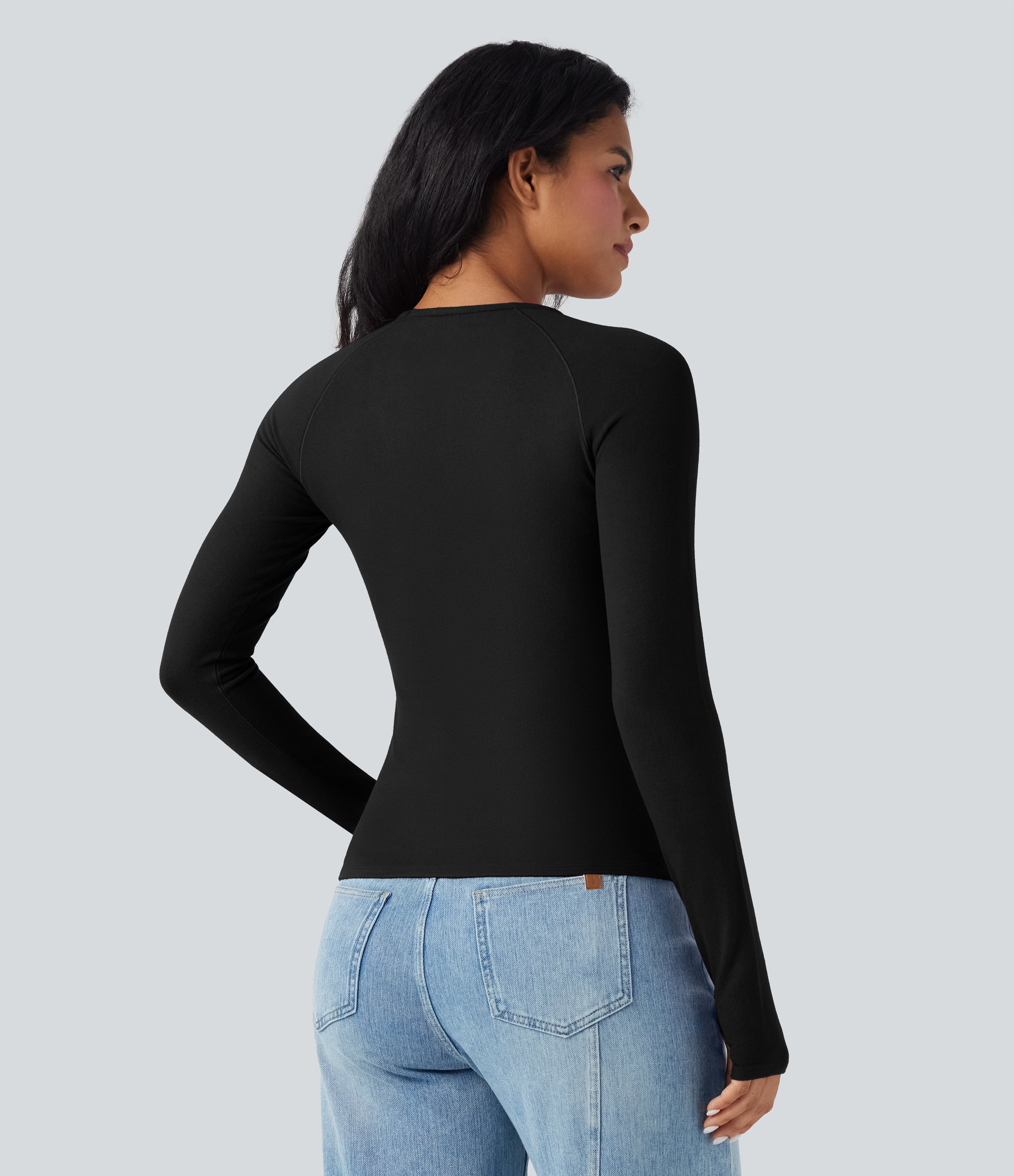 Black Top casual ajustado de cuello redondo y manga larga con agujeros para los pulgares / 2