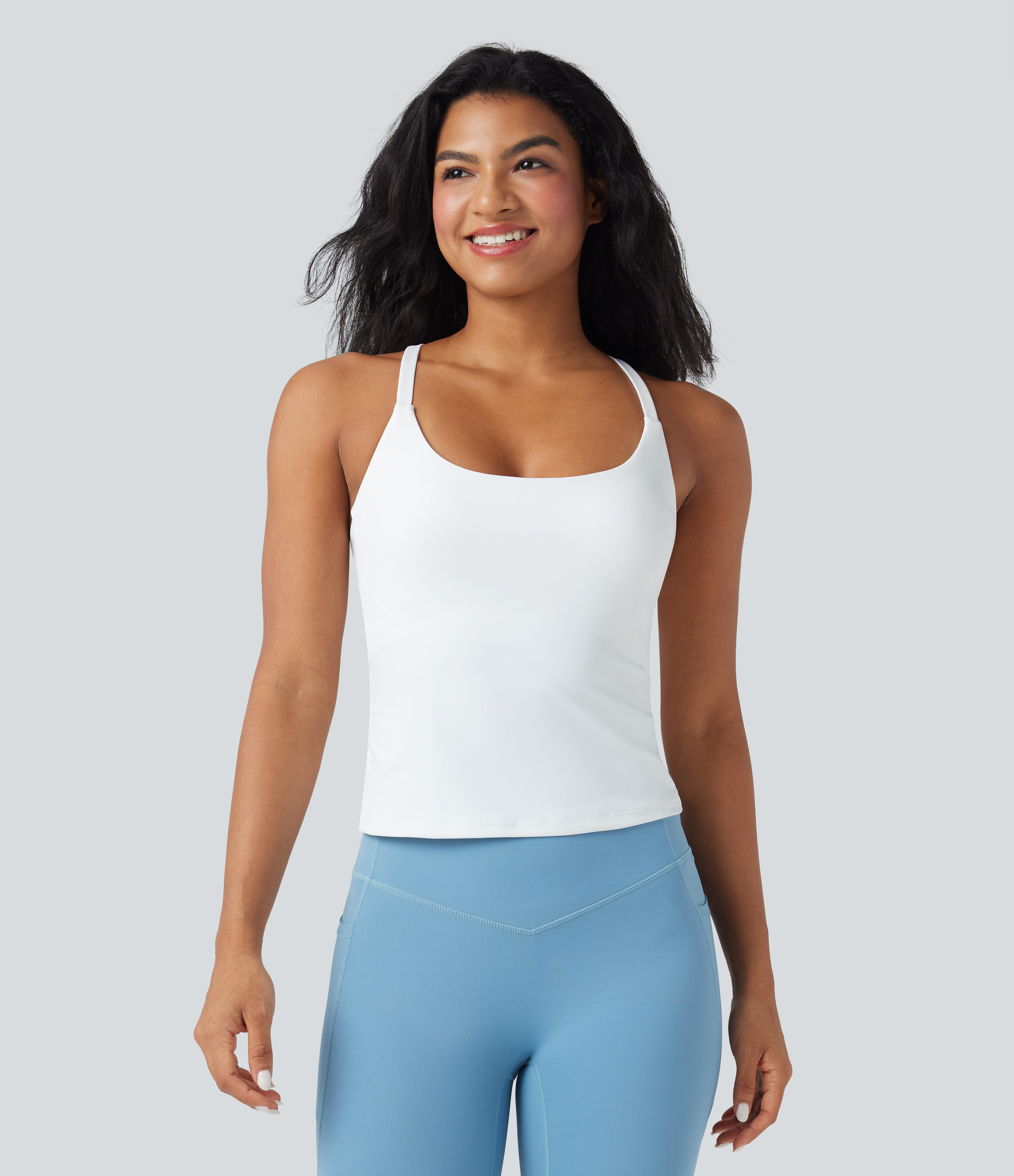 Blanco Top de yoga con escote redondo, espalda cruzada y dobladillo cruzado / 2