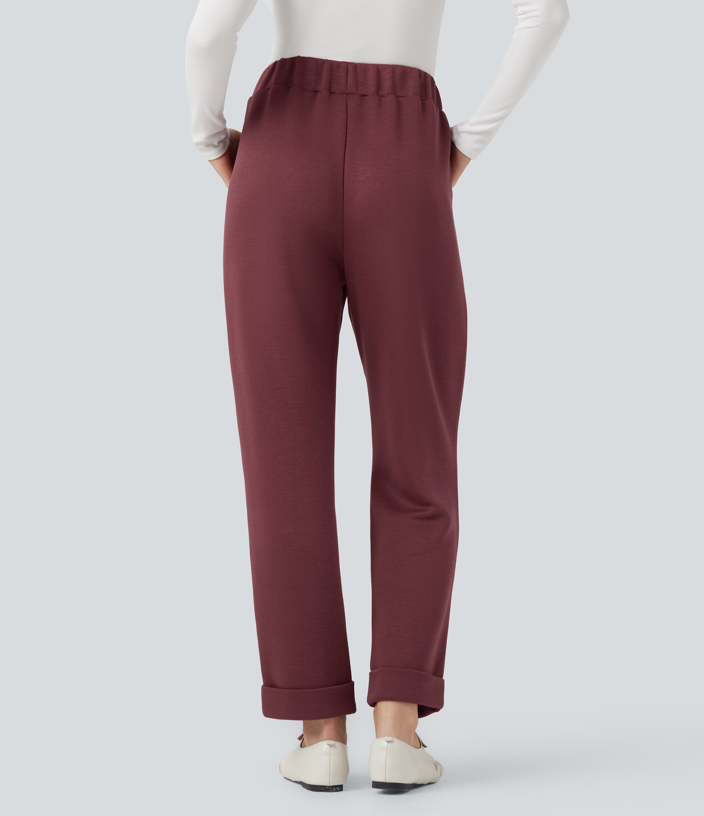 Oxblood Red Pantalon taille haute, fuselé et décontracté, à poches / 2