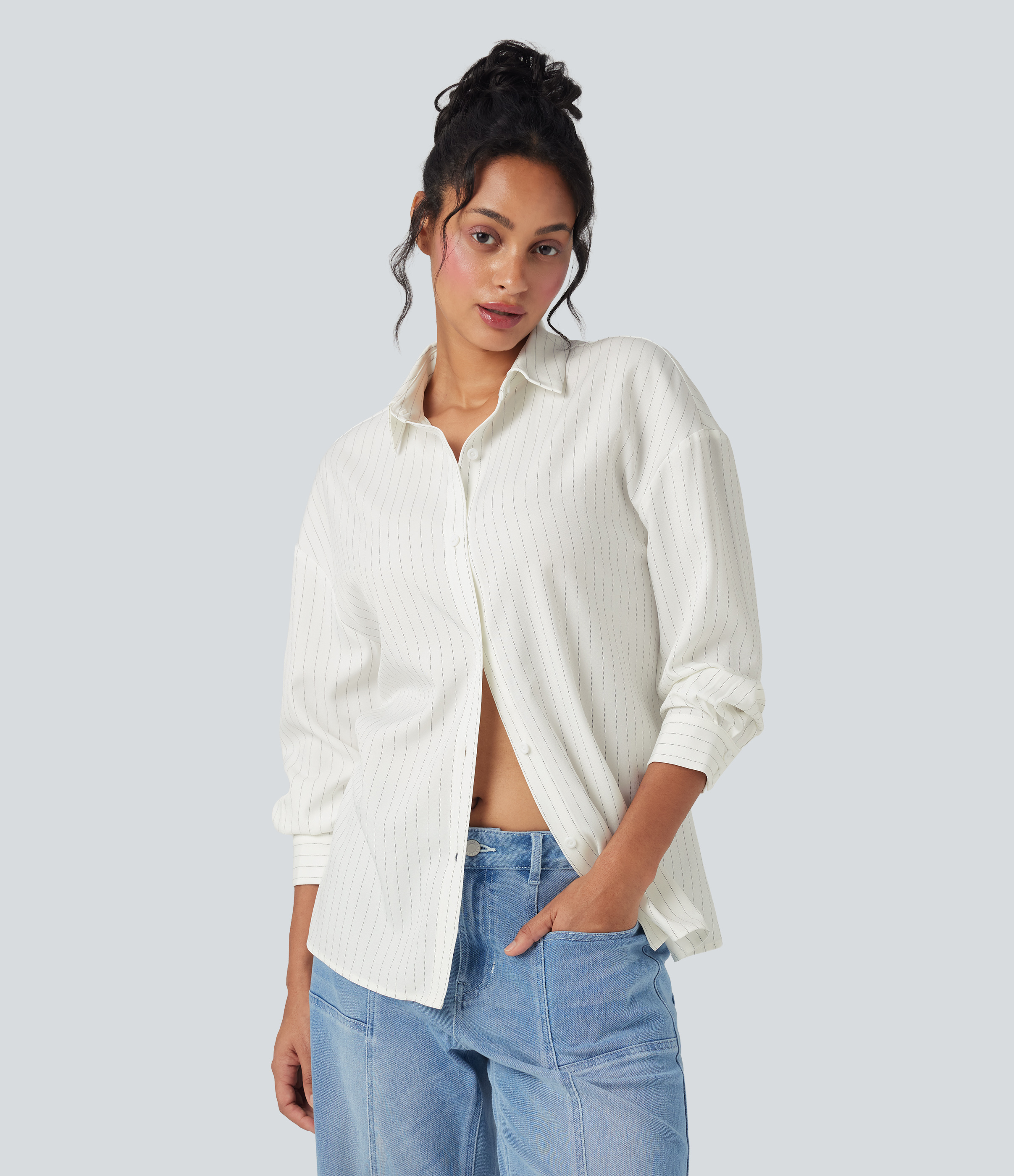 Ivory Mist Long Sleeve Stripe Work Shirt / 1