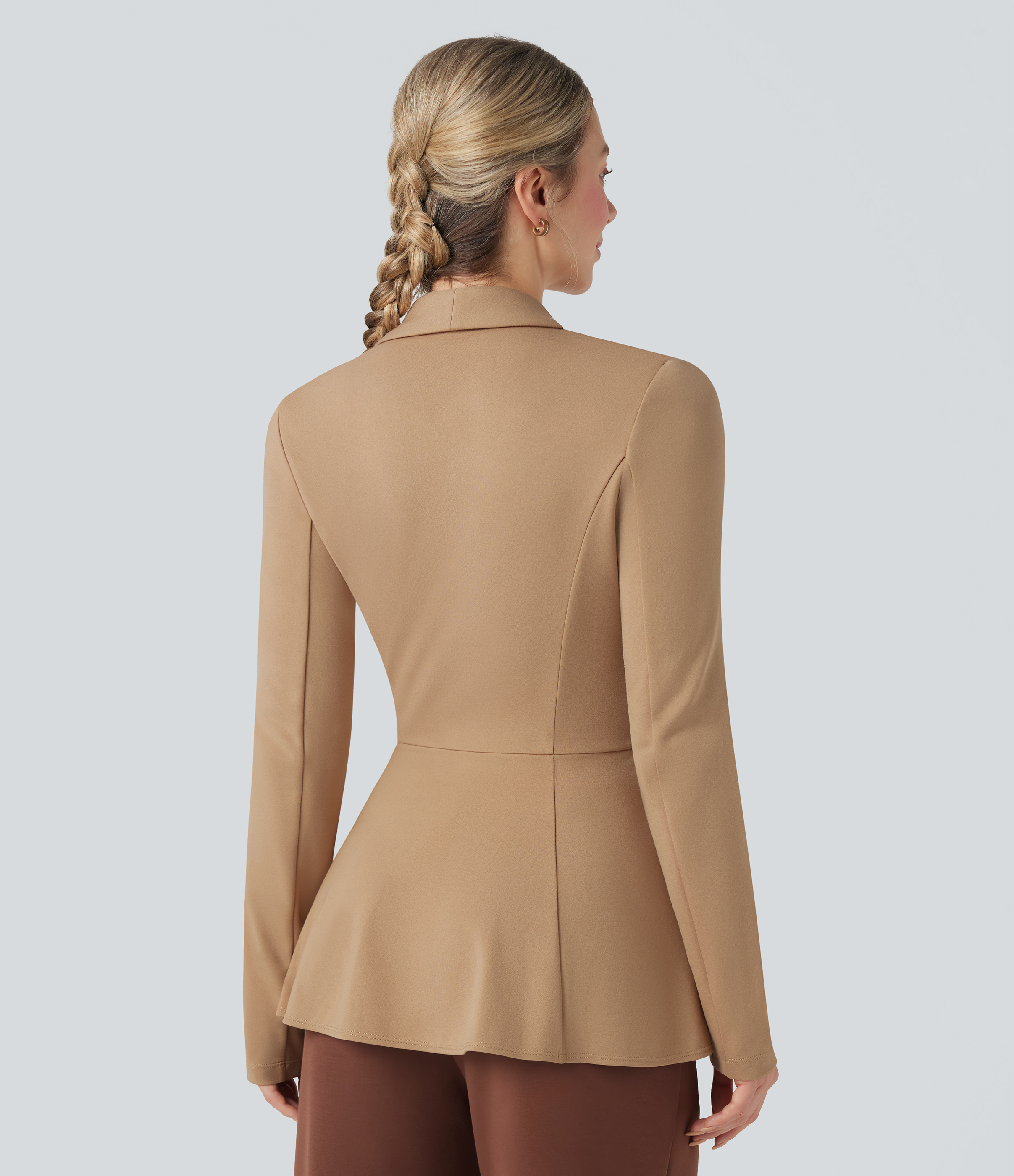 Tan Halara Flex™ Shawl Collar Long Sleeve Ruffle Hem Work Coat / 2