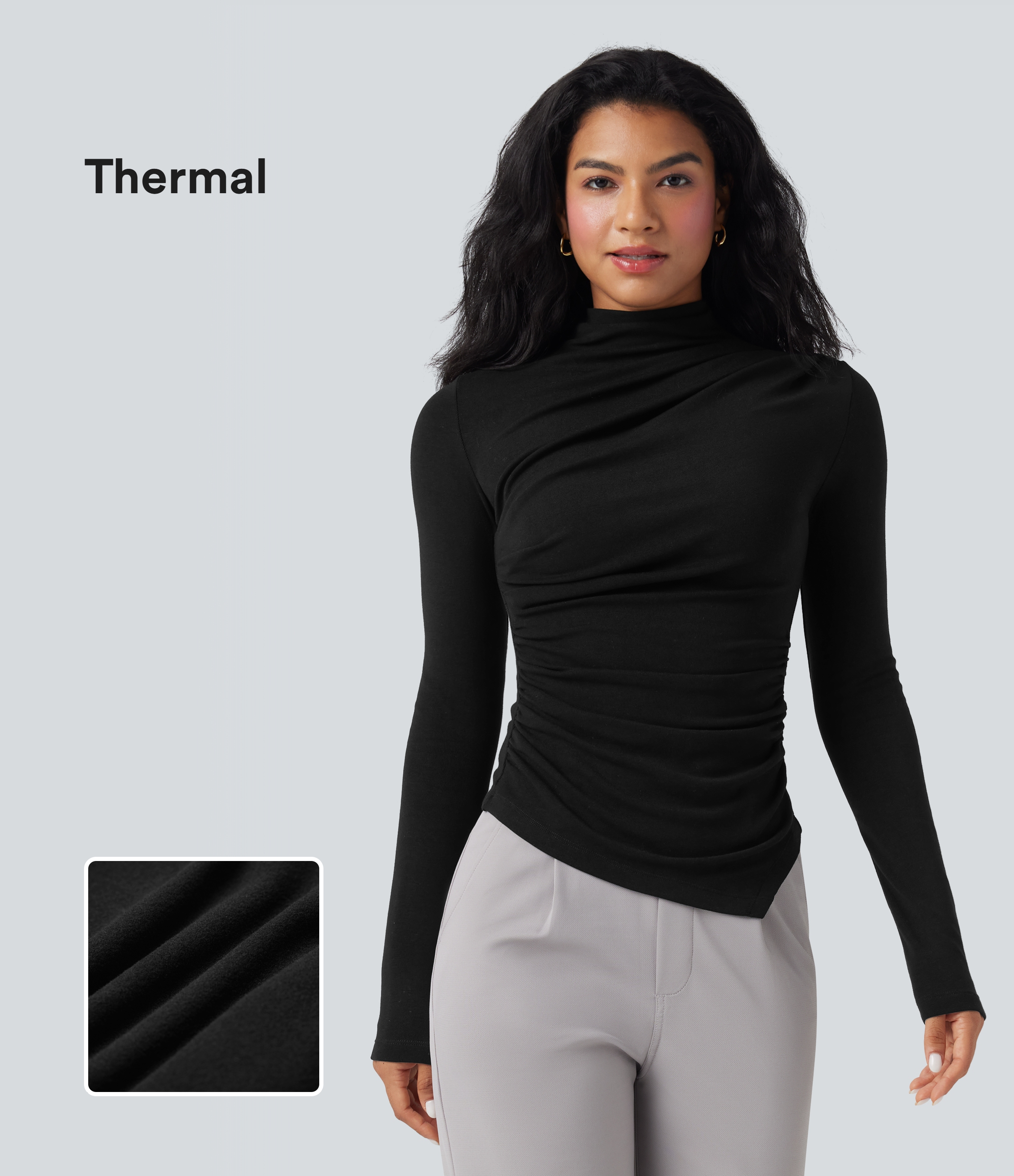 Mock-neck Long Sleeve Ruched Asymmetric Hem Thermal Casual Top
