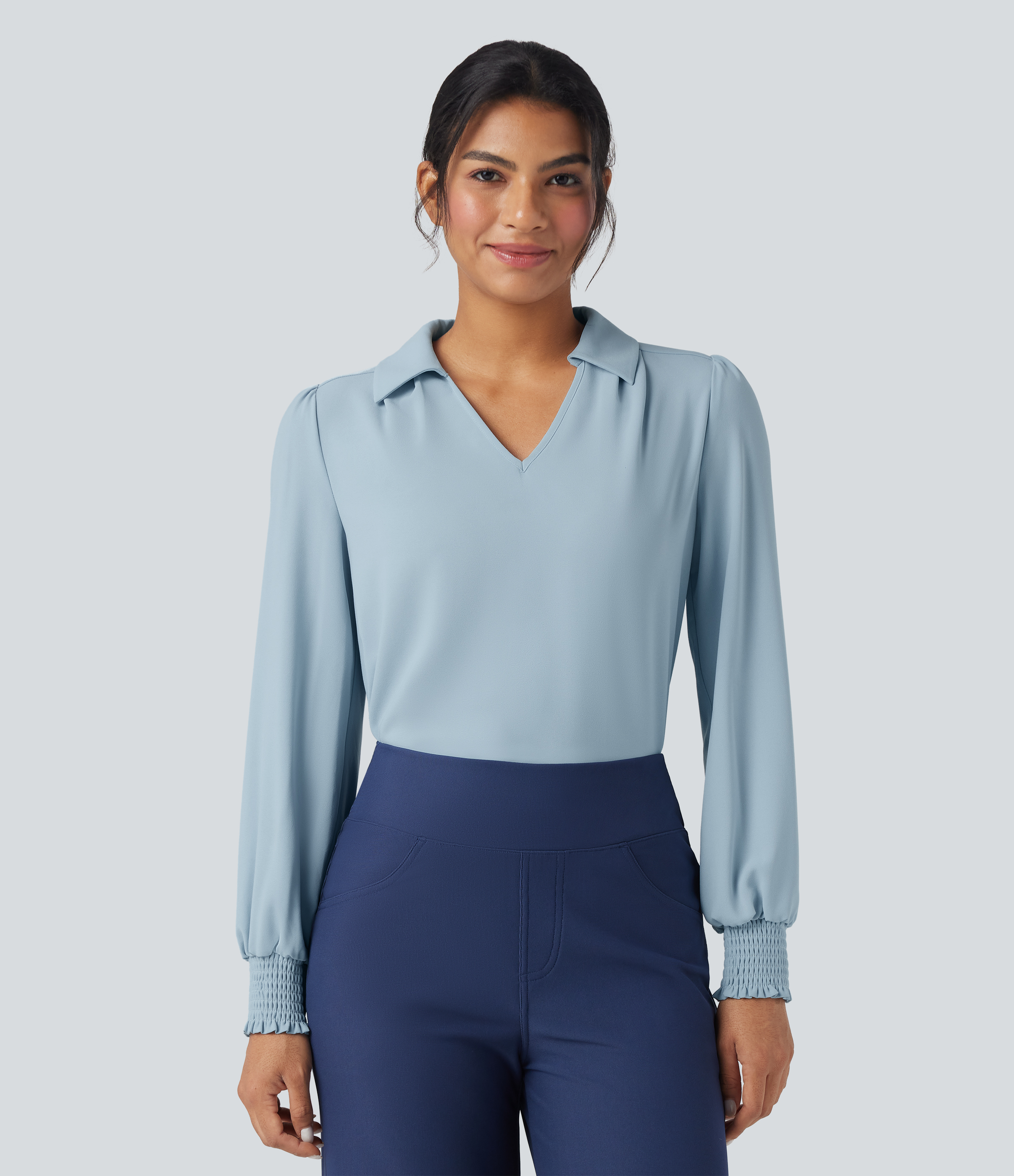 Winter Sky V Neck Long Sleeve Casual Chiffon Shirt / 1