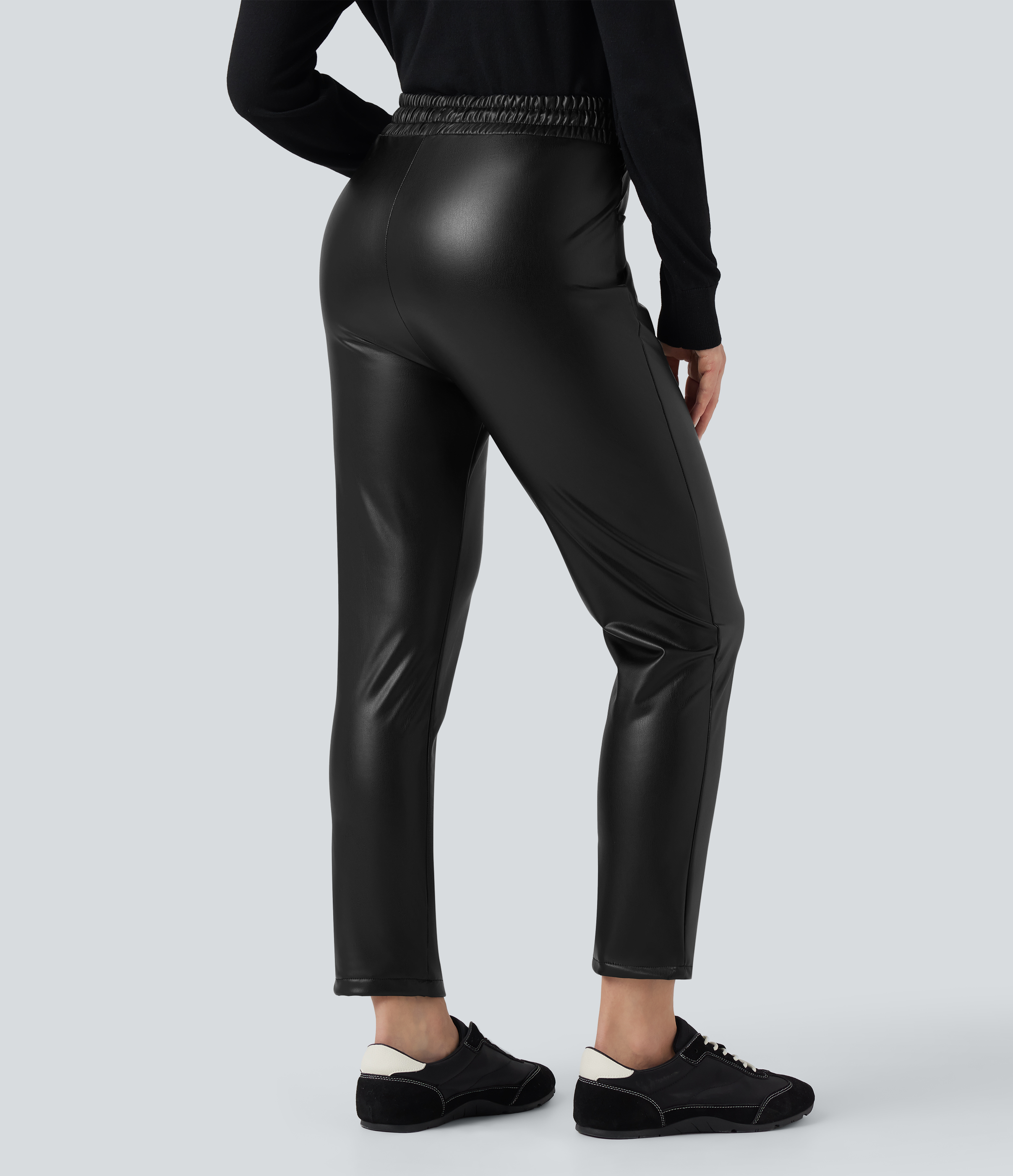 Negro Pantalones casuales elásticos de tiro alto con polar PU, cordón y bolsillos en largo7/8 / 2