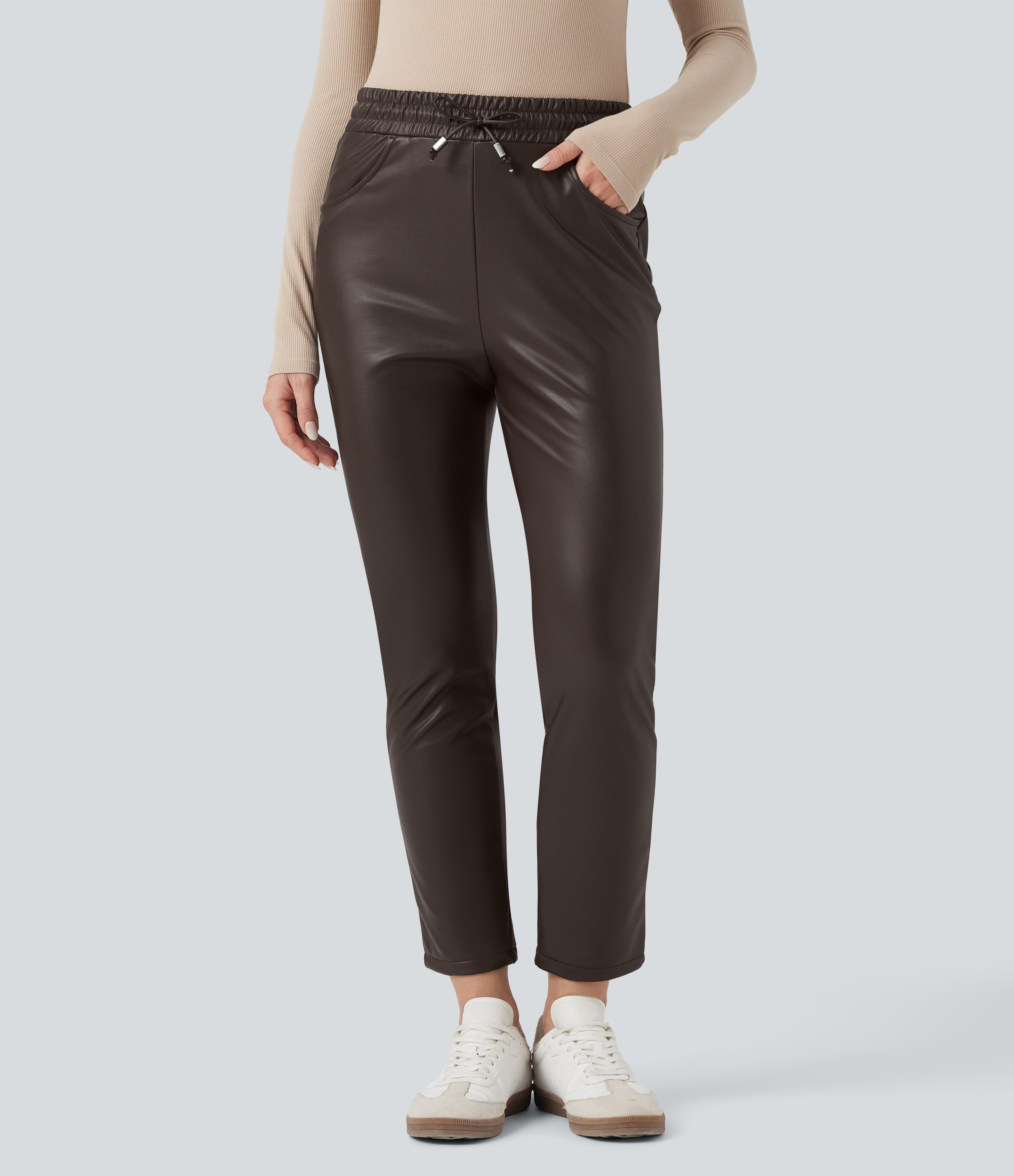 Pantalon fuselé 7/8 décontracté PU molleton extensible taille haute avec cordon et poches