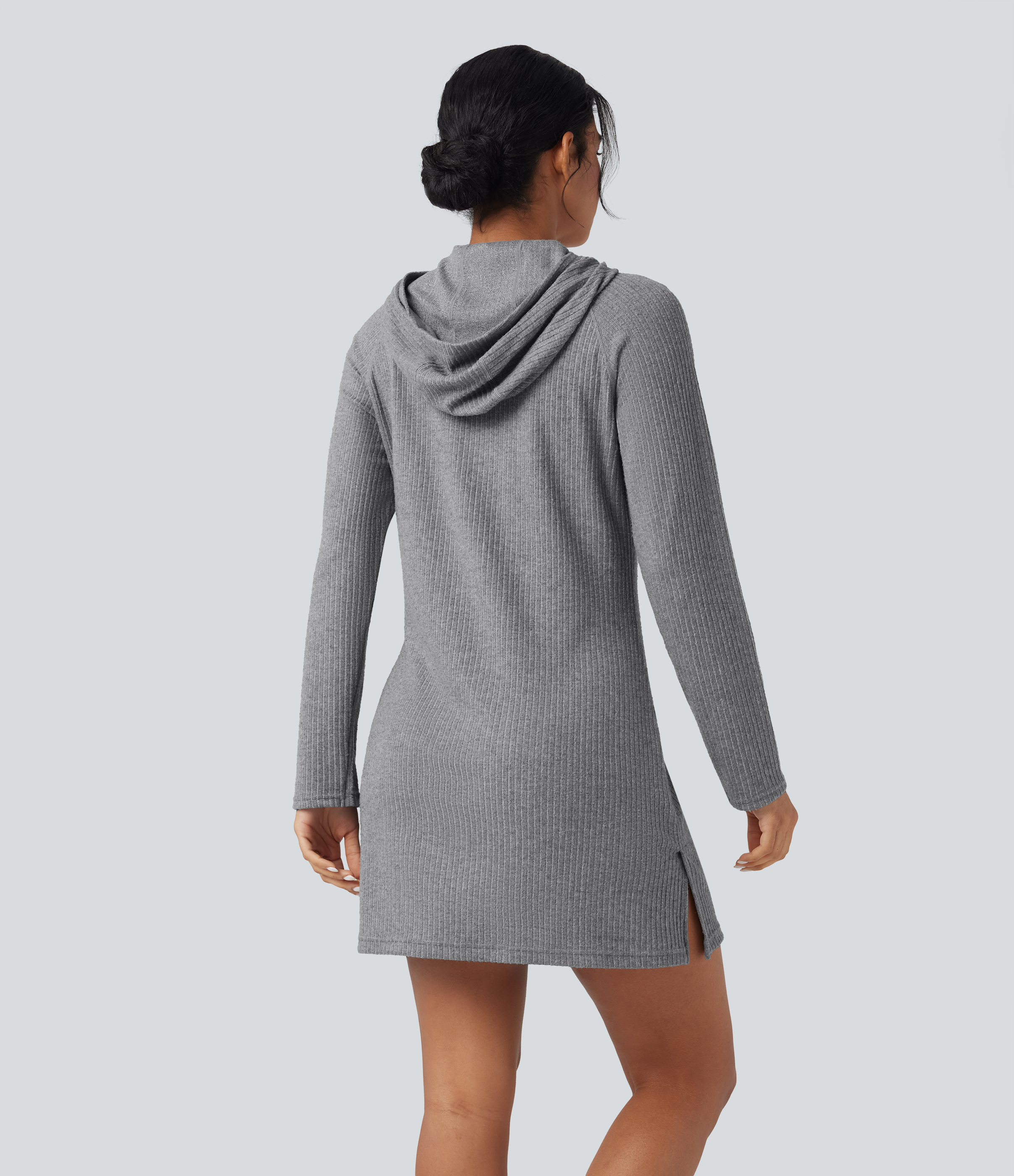 Ribbed Knit Hooded Long Sleeve Mini Hiking Active Dress with Pocket
