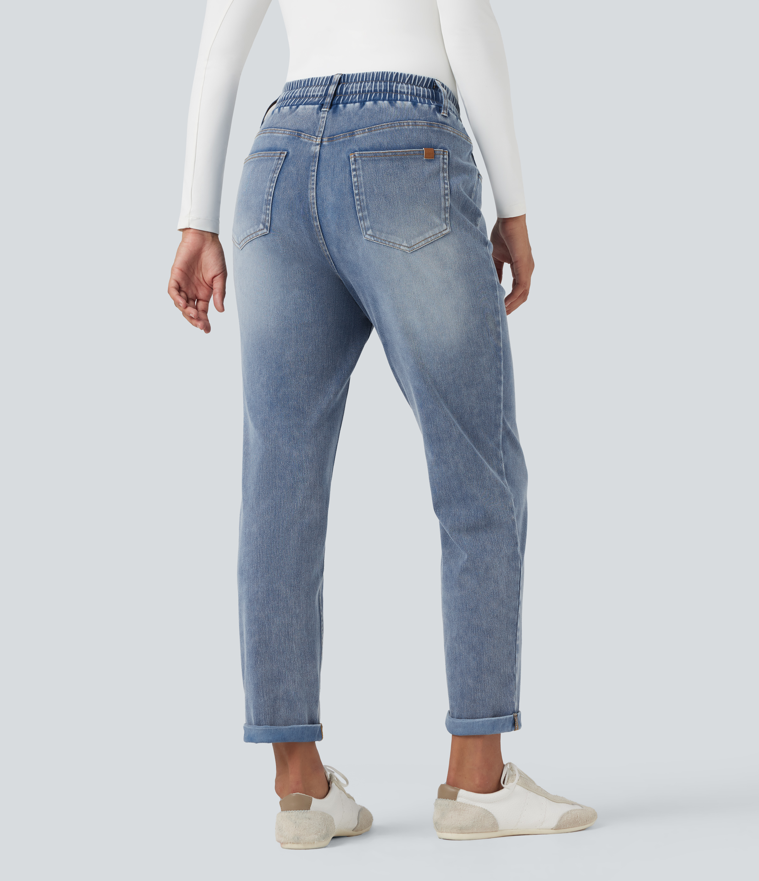 Gulf Stream Blue Denim Halara Flex™ High Waisted Drawstring Rolled Hem Casual Slim Jeans with Pockets / 2