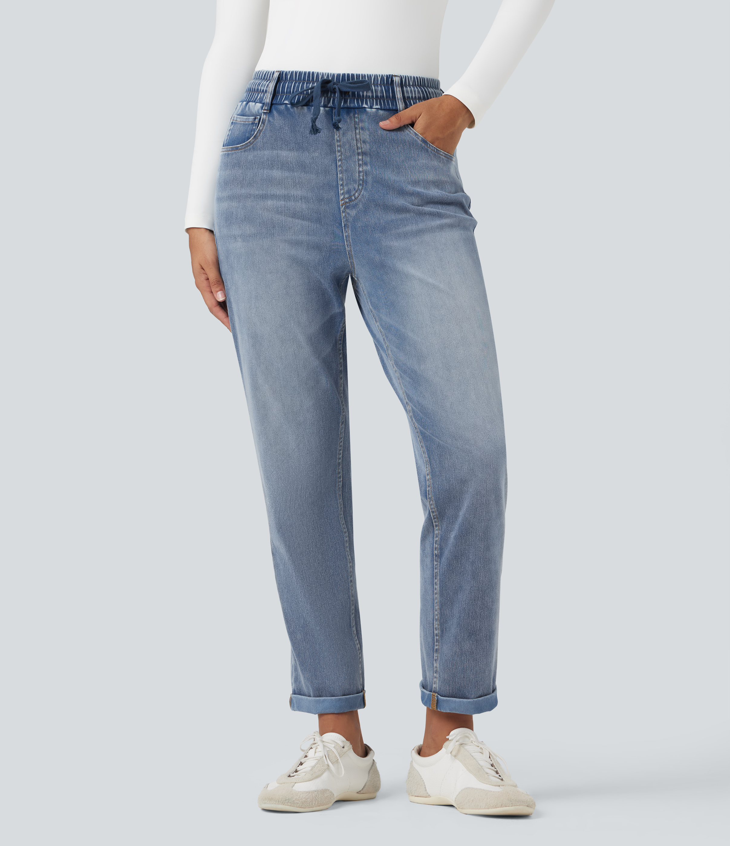 Jean décontracté slim Halara Flex™ taille haute avec cordon de serrage, ourlet retroussé et poches