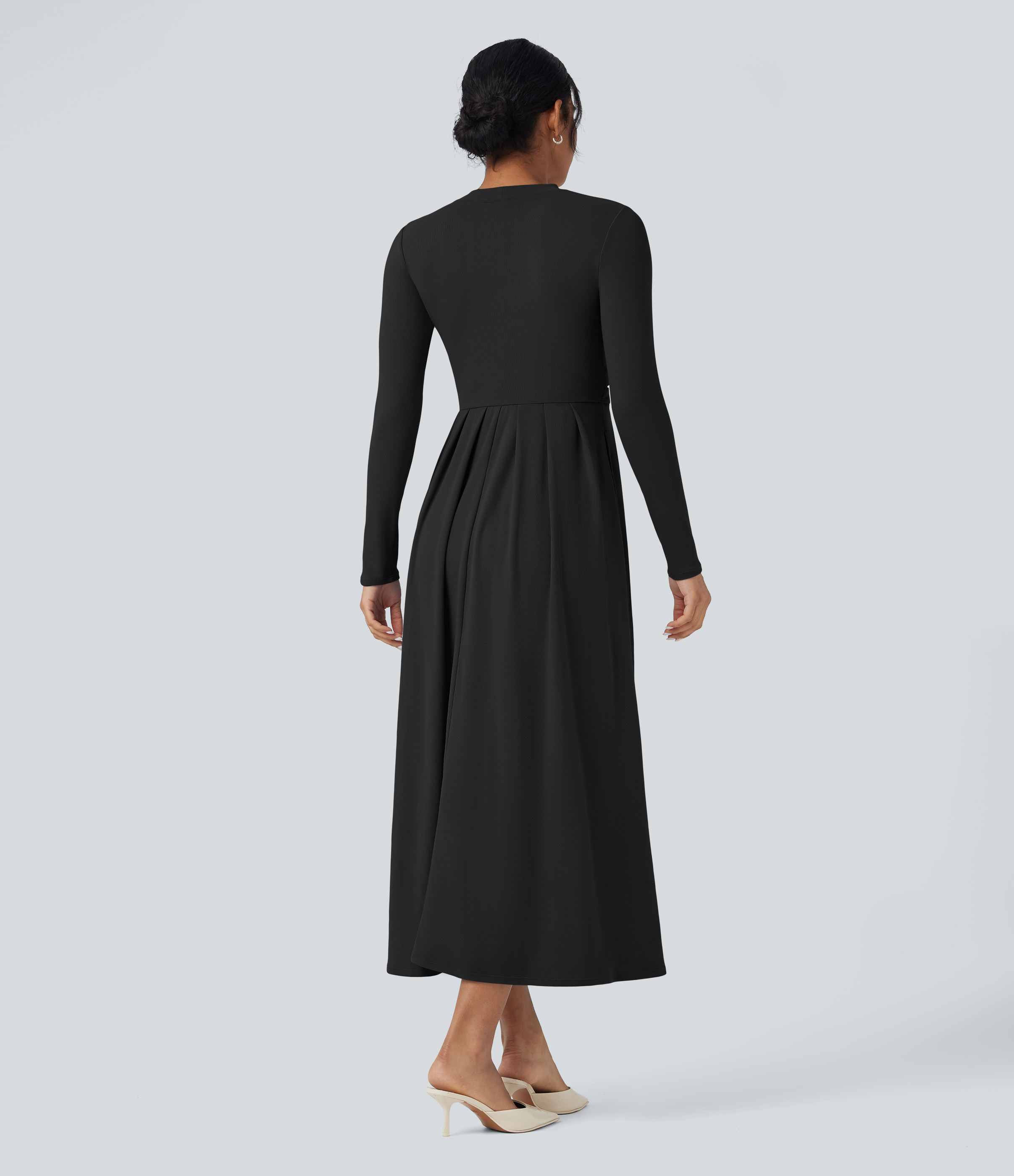 Noir Robe longue col montant manches longues coupe évasée avec poches / 2