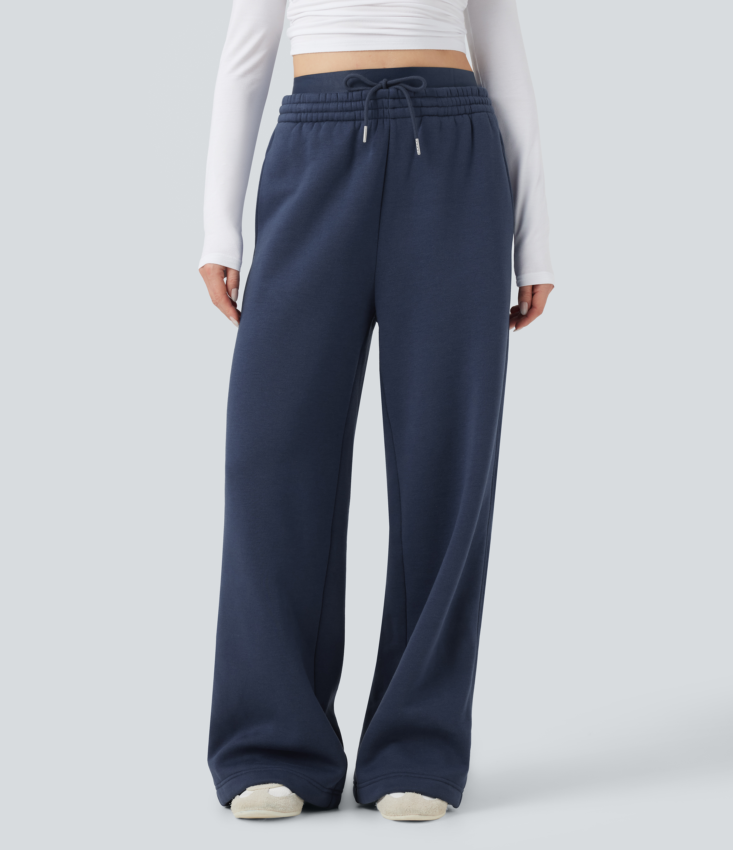 Pantalon jogging en coton molleton large taille haute avec cordon et poches