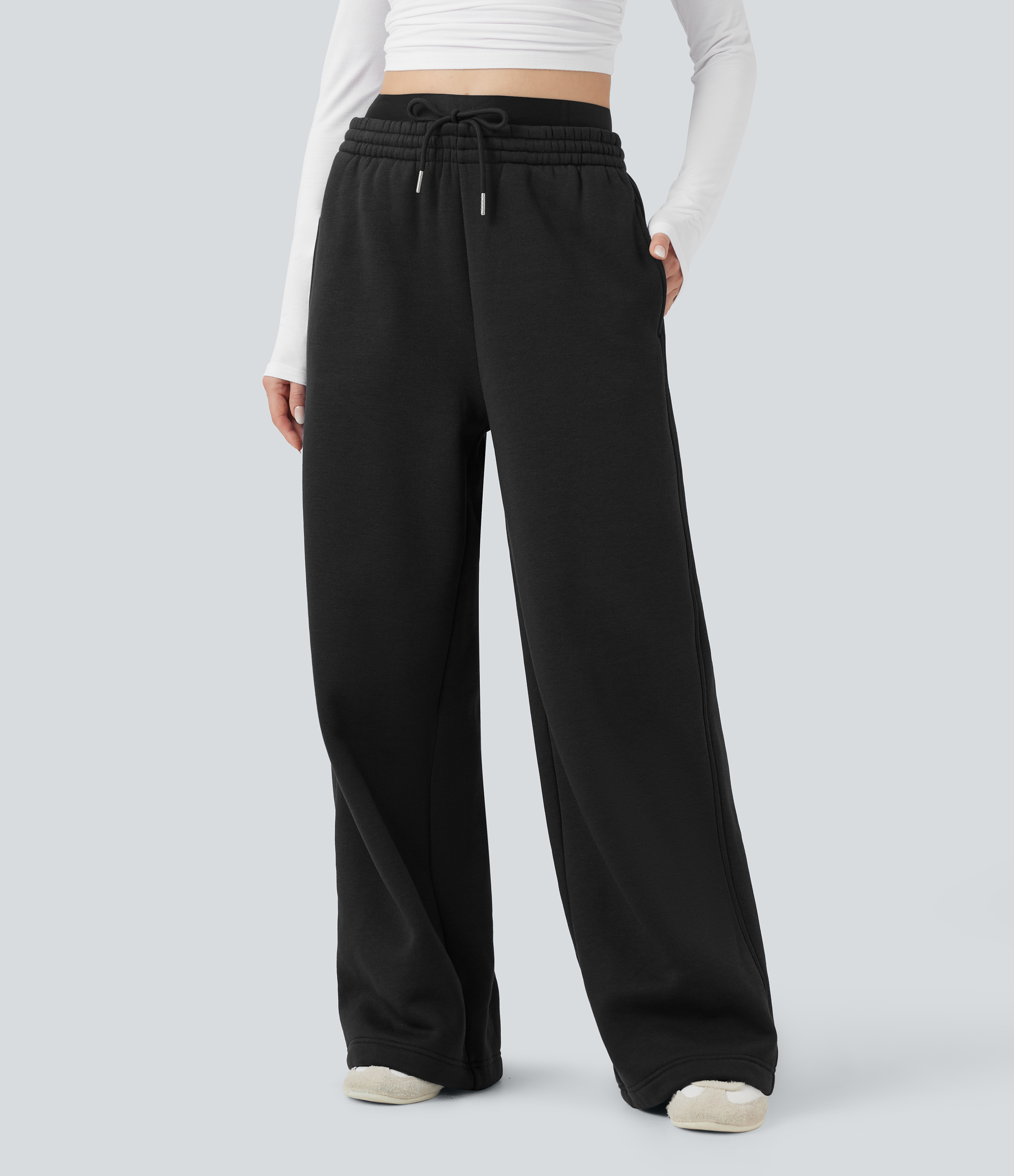 Black High Waisted Drawstring Wide Leg Fleece Casual Cotton Trackpants with Pockets / 2