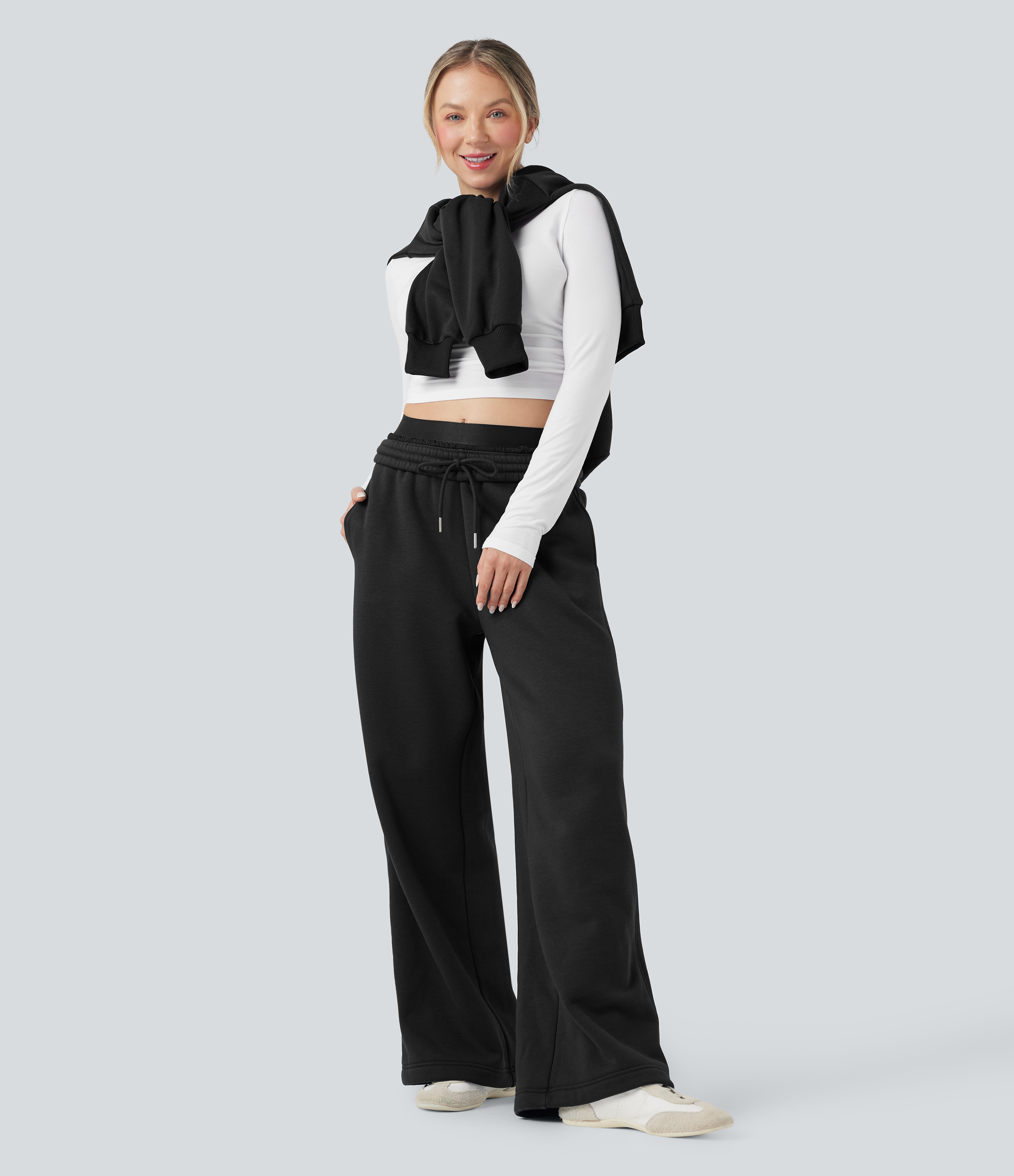 Black High Waisted Drawstring Wide Leg Fleece Casual Cotton Trackpants with Pockets / 1